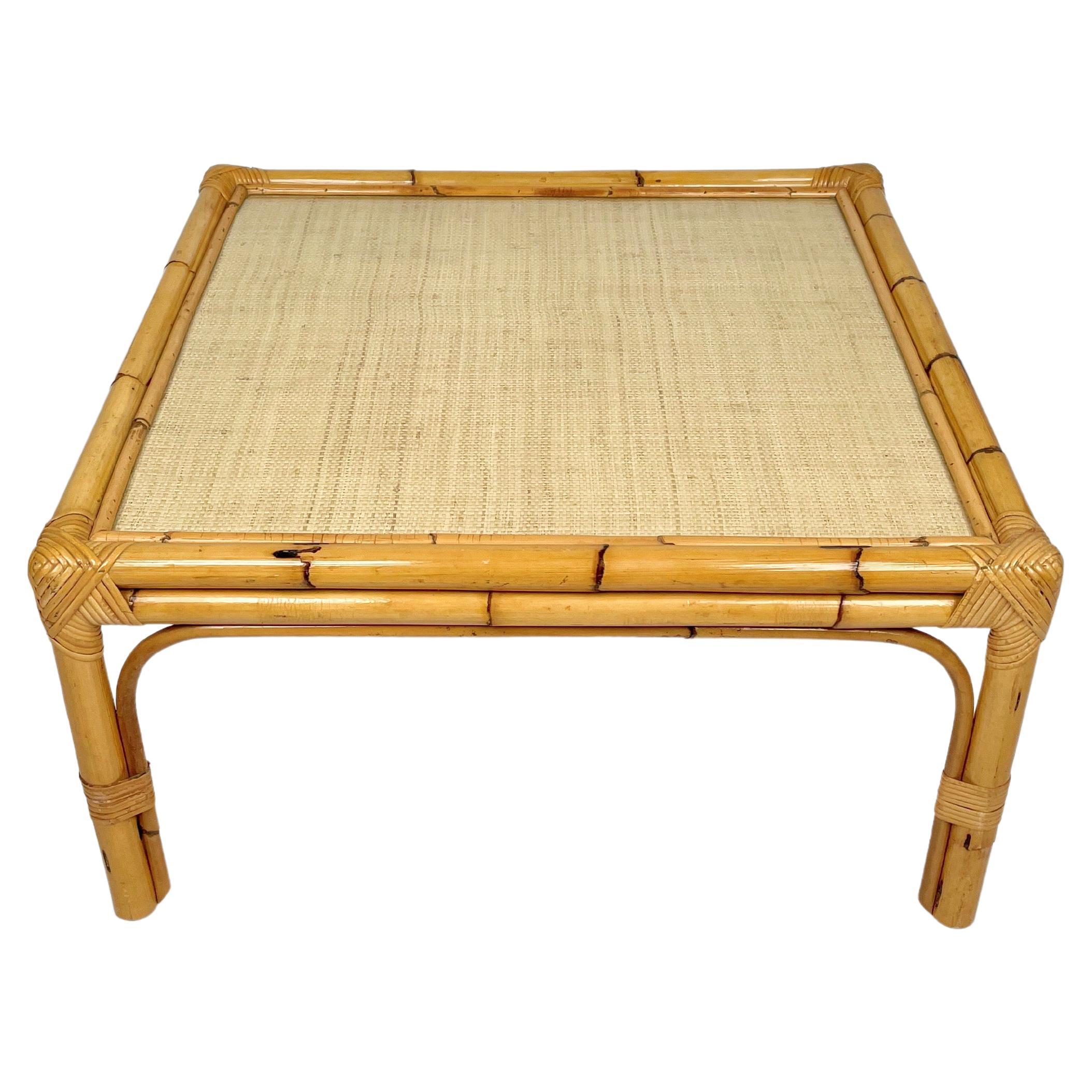 Bamboo, Rattan & Wicker Squared Coffee Table, Italy, 1960s For Sale