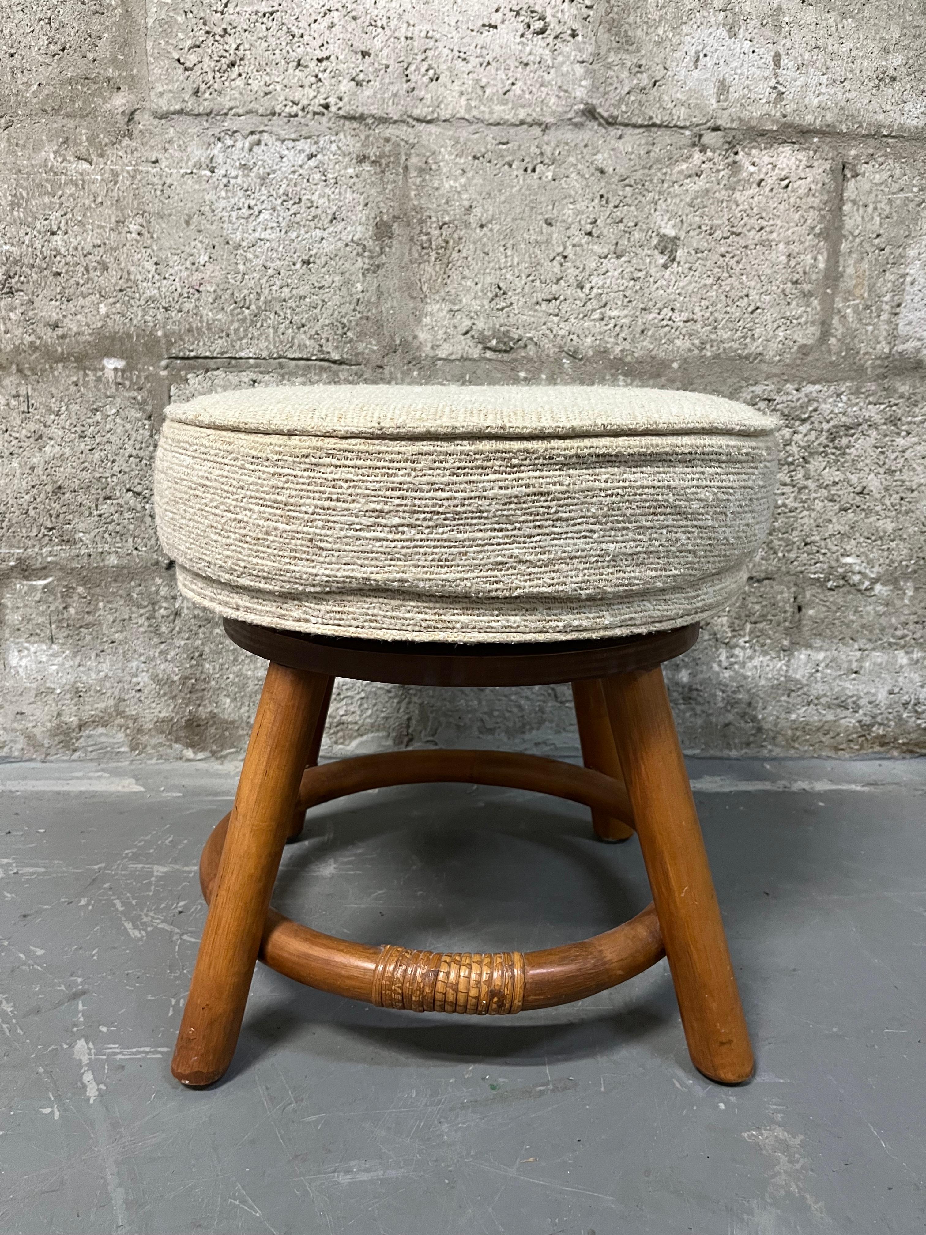 Bamboo Rattan Wicker Swivel Footstool in the Paul Frankl's Style. Circa 1970s  For Sale 4