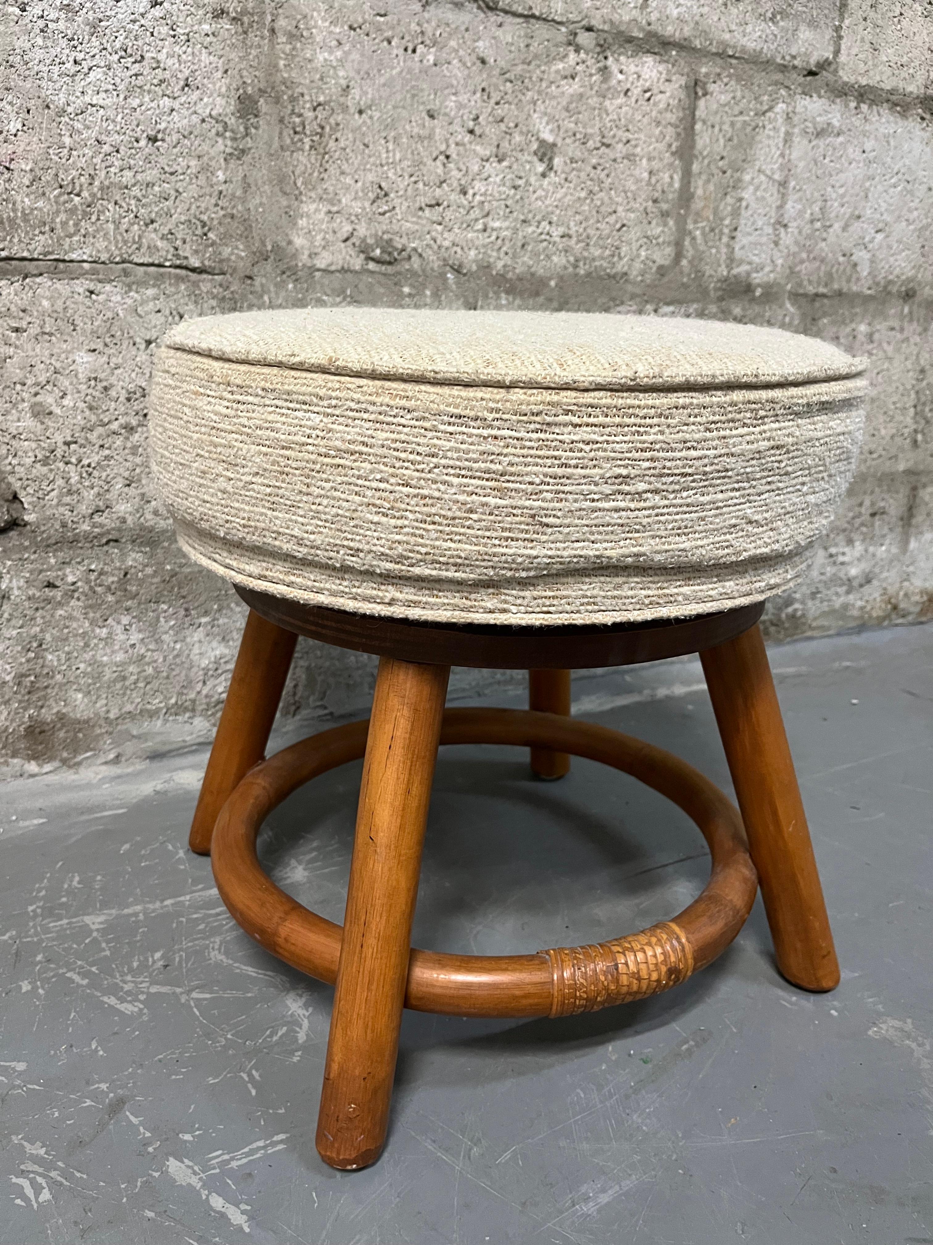 Bamboo Rattan Wicker Swivel Footstool in the Paul Frankl's Style. Circa 1970s  For Sale 6
