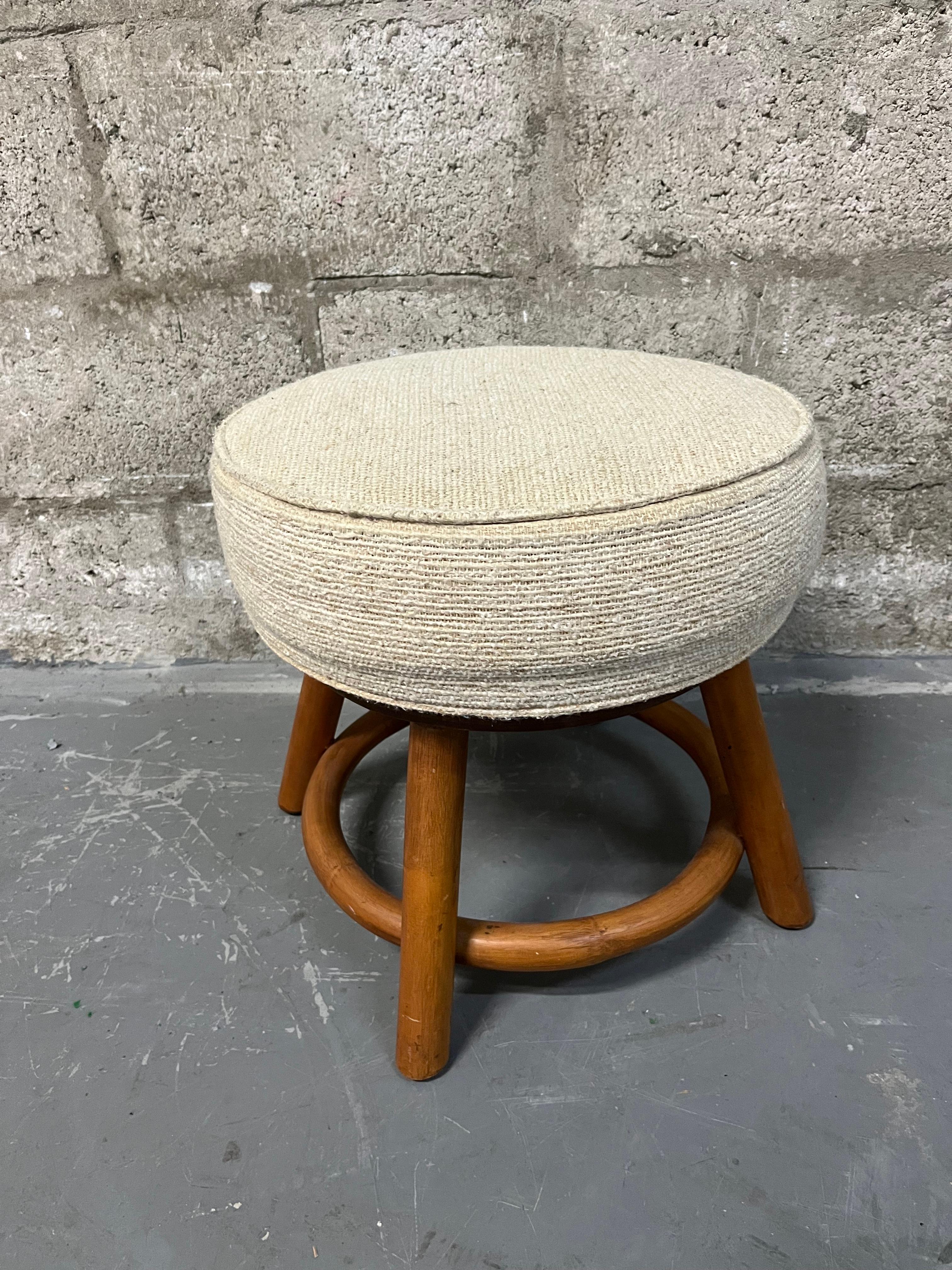 Bamboo Rattan Wicker Swivel Footstool in the Paul Frankl's Style. Circa 1970s  For Sale 1