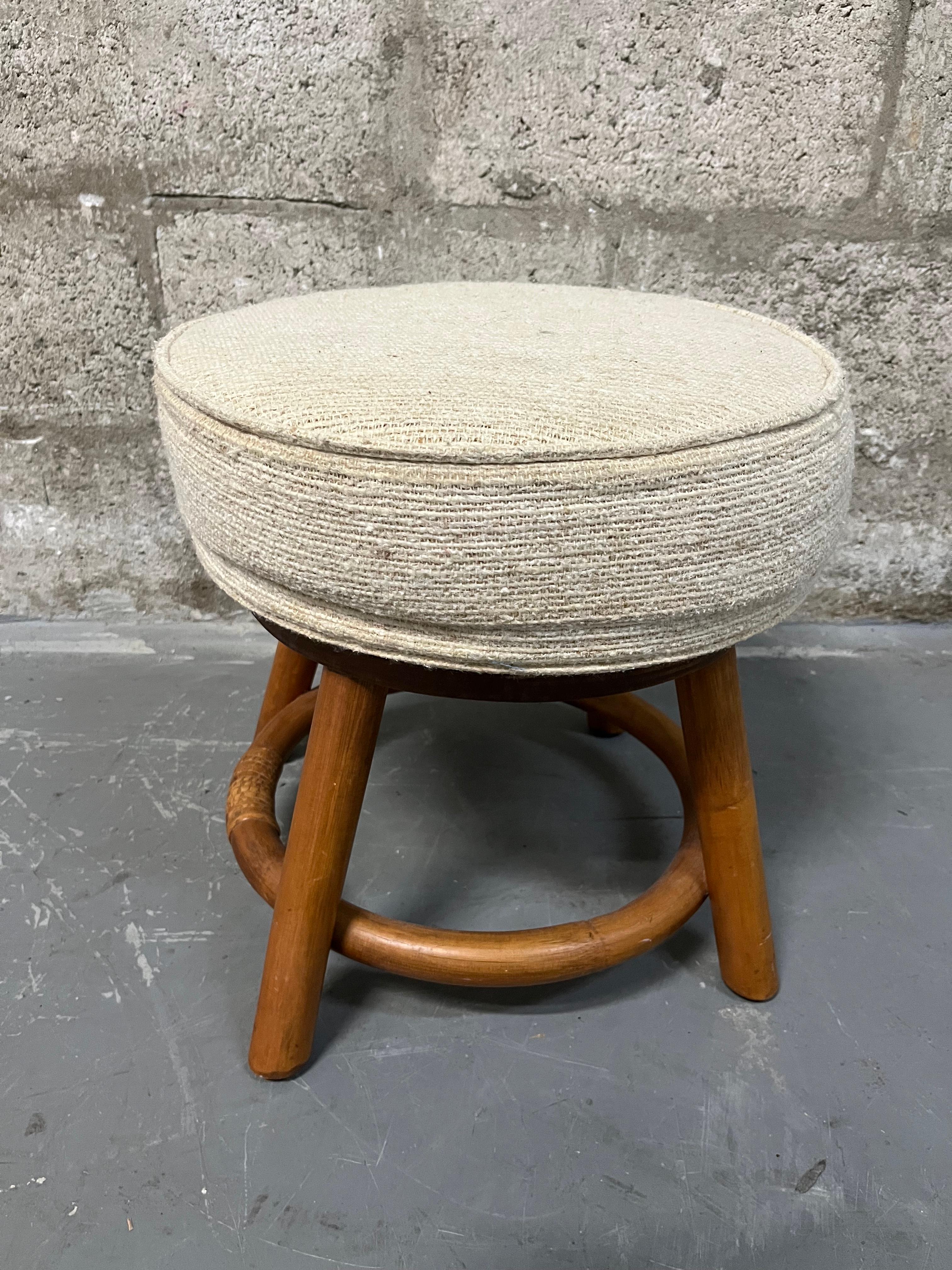 Bamboo Rattan Wicker Swivel Footstool in the Paul Frankl's Style. Circa 1970s  For Sale 3