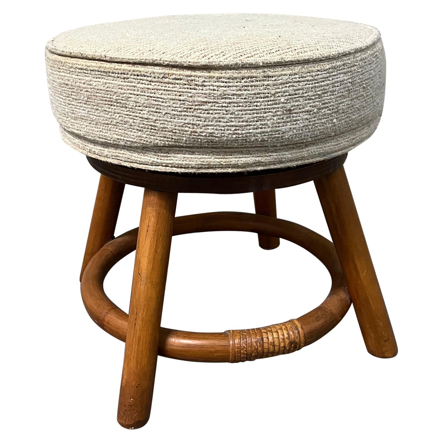 Bamboo Rattan Wicker Swivel Footstool in the Paul Frankl's Style. Circa 1970s