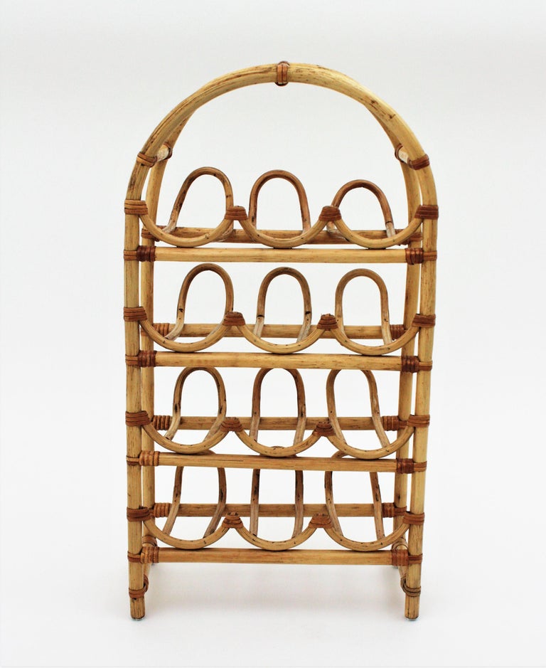 Bamboo Rattan Wine Rack / 12 Bottle Holder with Arched Top For Sale at
