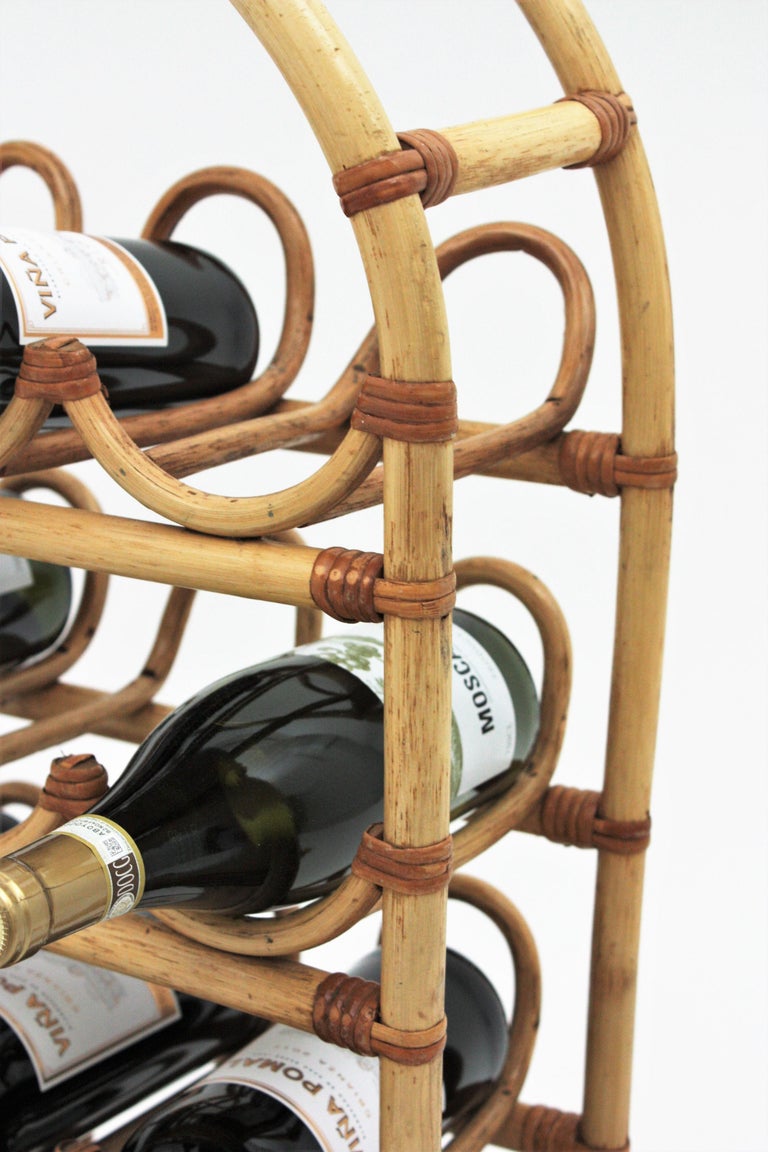 Bamboo Rattan Wine Rack / 12 Bottle Holder with Arched Top For Sale at