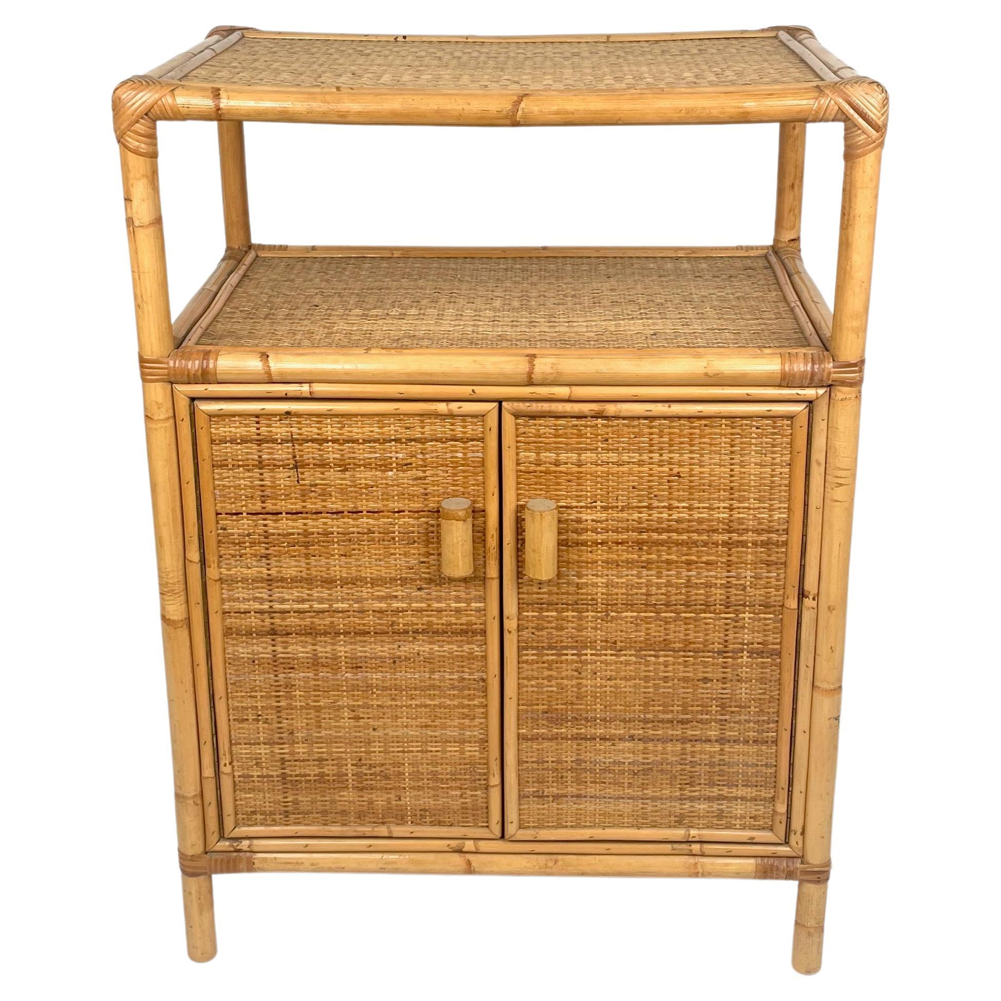 Bamboo, Rattan & Wood Cabinet Console Drawers, Italy, 1970s