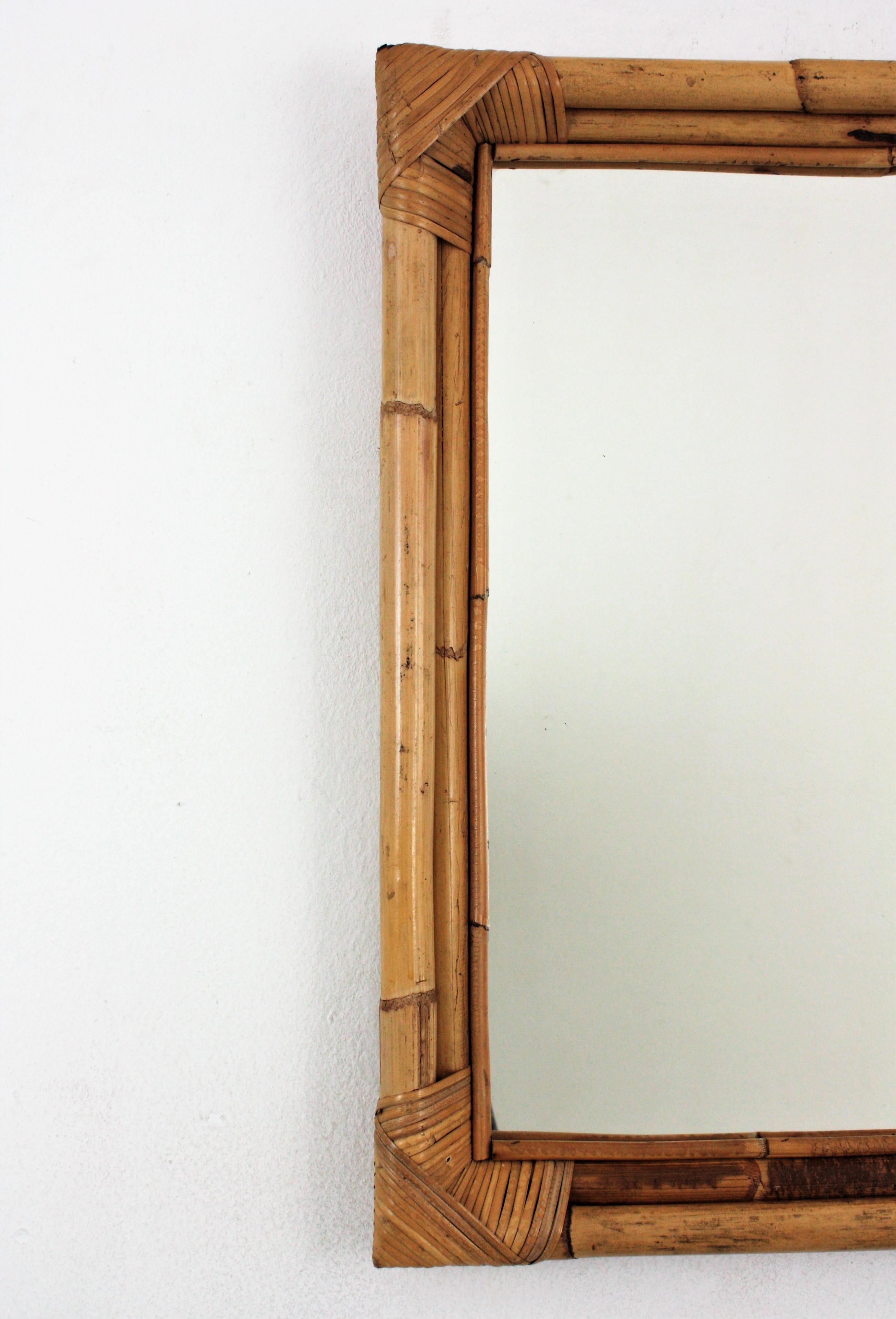 Spanish Bamboo Rattan Rectangular Mirror, 1960s