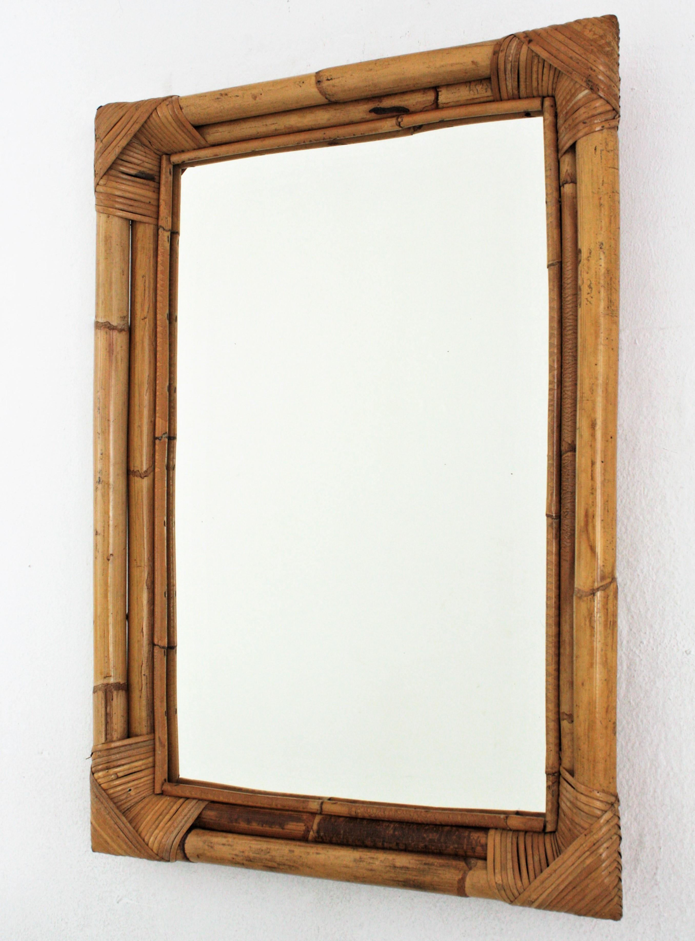 Bamboo Rattan Rectangular Mirror, 1960s In Good Condition In Barcelona, ES