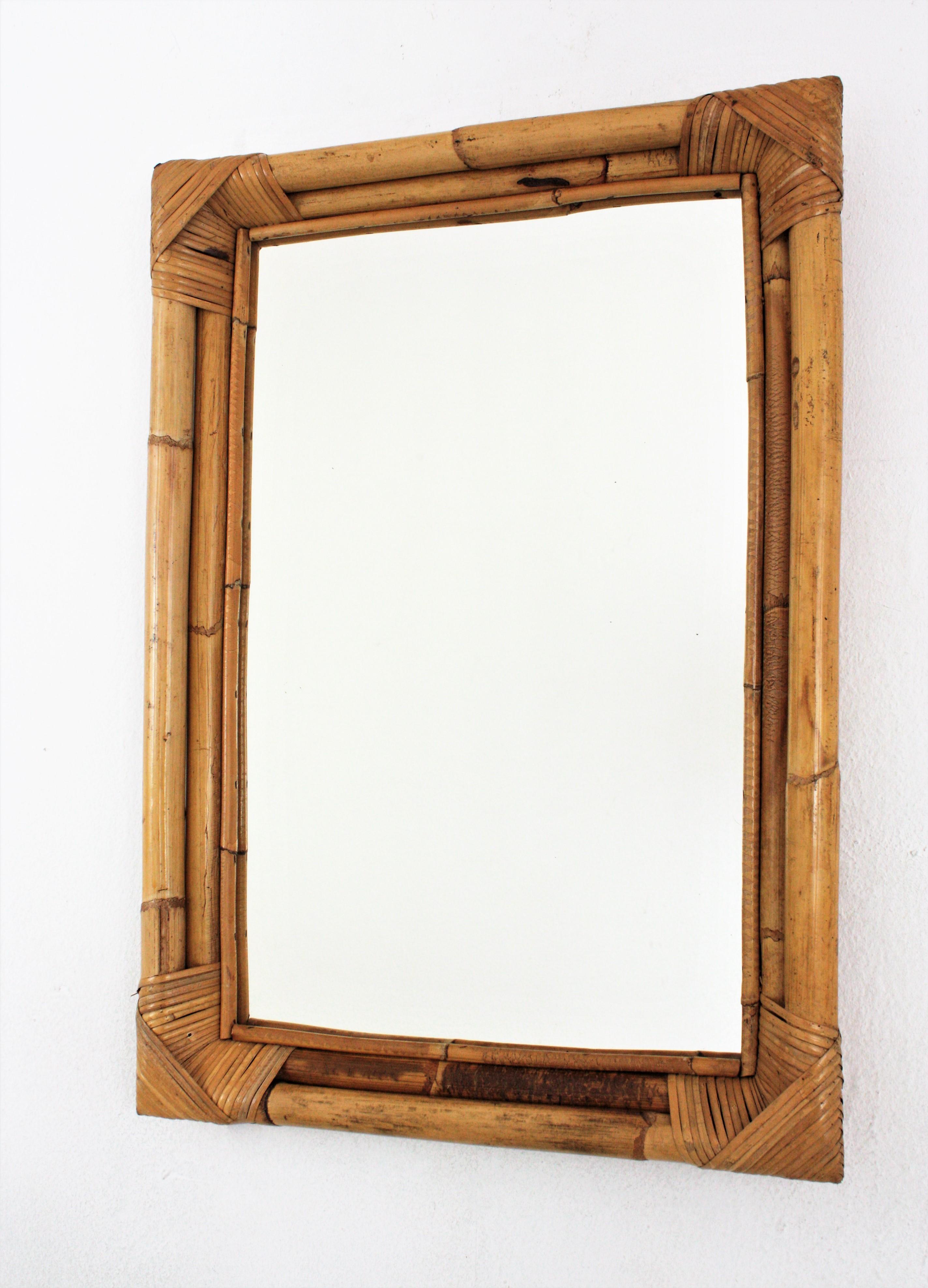 Bamboo Rattan Rectangular Mirror, 1960s 1