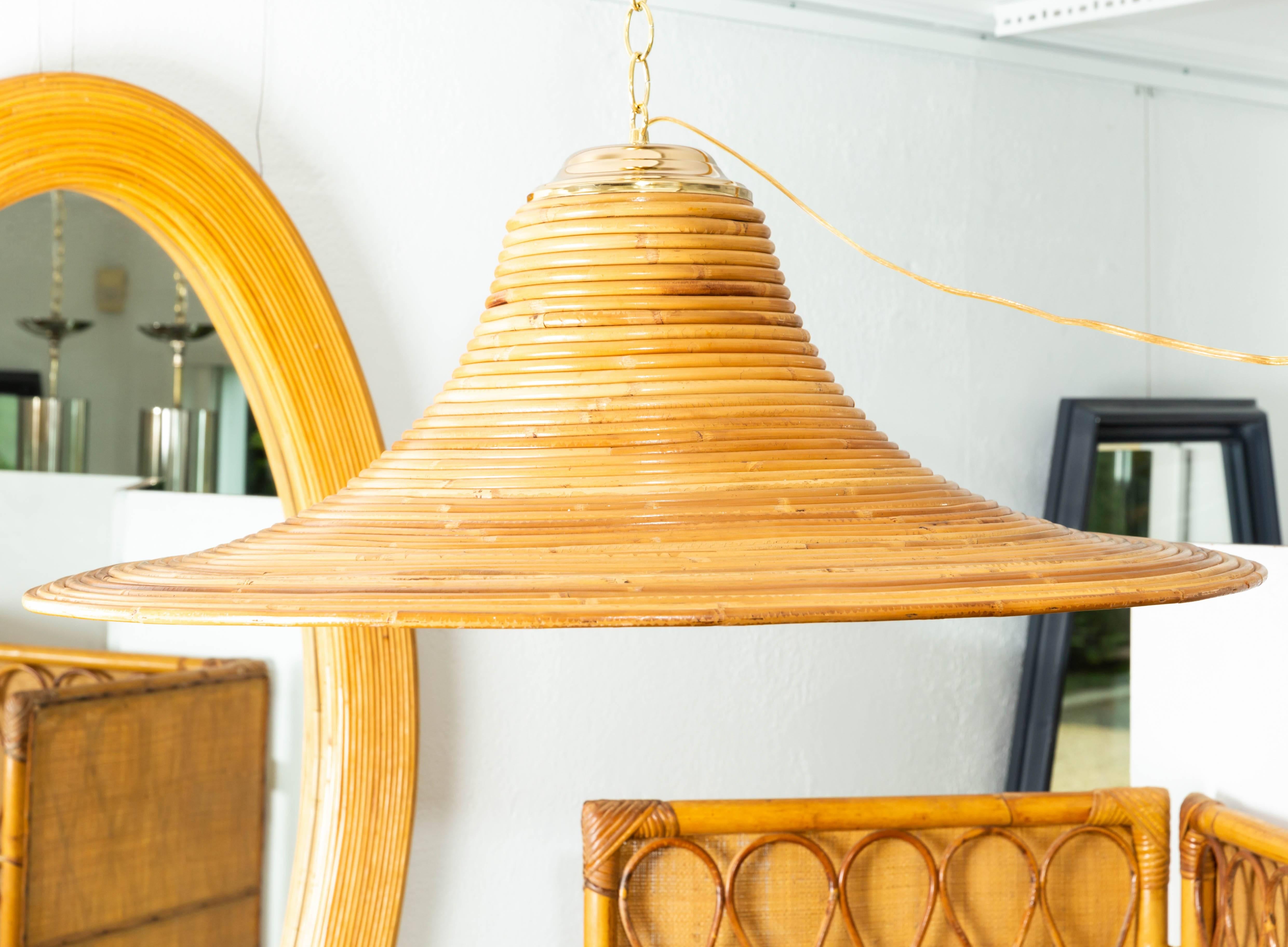 Hand-Woven Bamboo Reed Chandelier with Brass Details