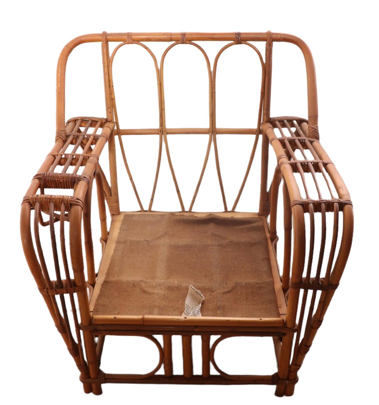 Mid-Century Modern Bamboo Reed Lounge Chair with Drink Holder in Arm by Superior Reed and Rattan Co