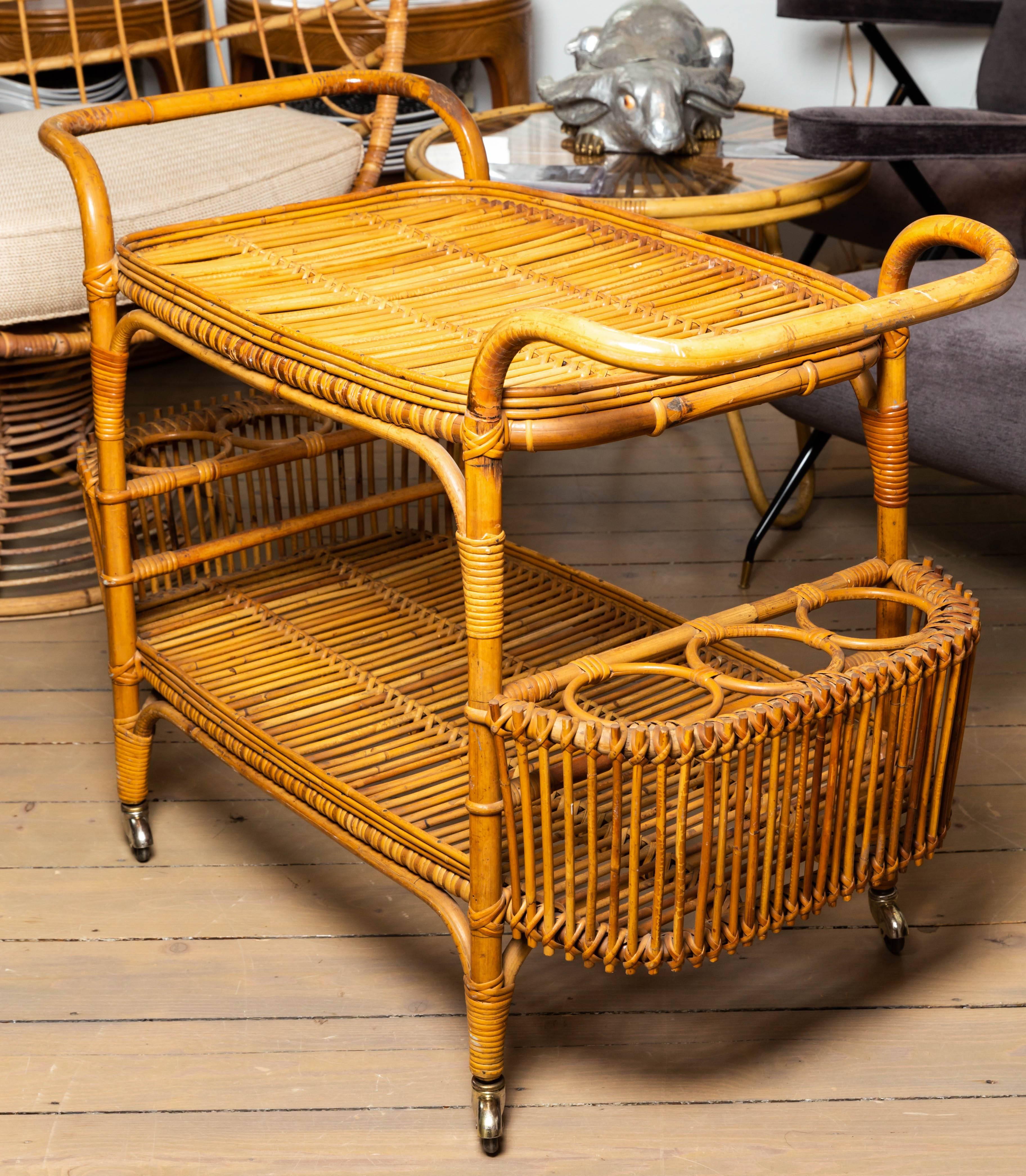 Mid-Century Modern Bamboo Rolling Cart For Sale