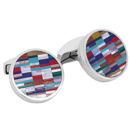 Bamboo Round Cufflinks in Multicolour Tones and Sterling Silver For Sale