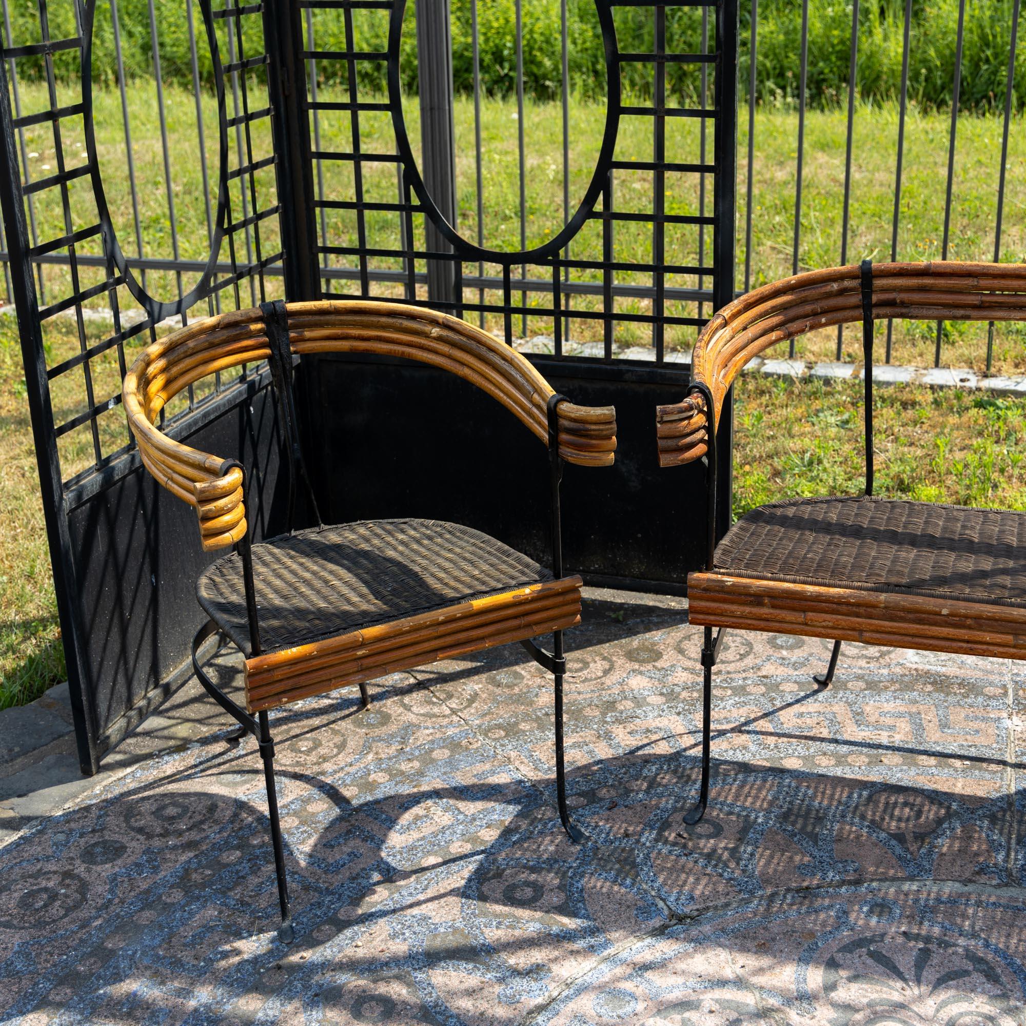 Bamboo Seating Group with two Armchairs, Wicker and Iron, Italy Mid-20th Century For Sale 1