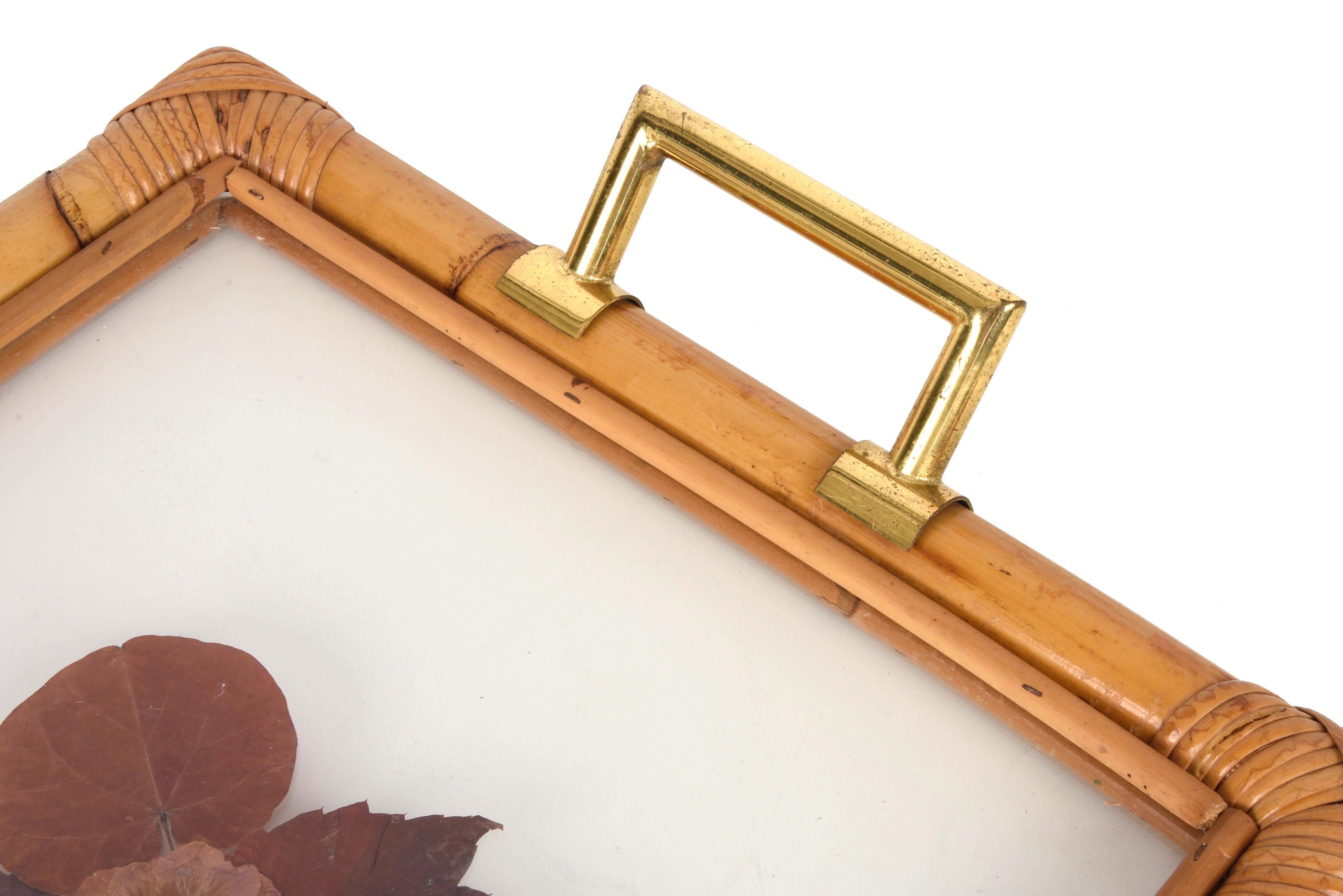 Bamboo Serving Tray with Brass Handles and Beautiful Dried Flowers and Lucite 3