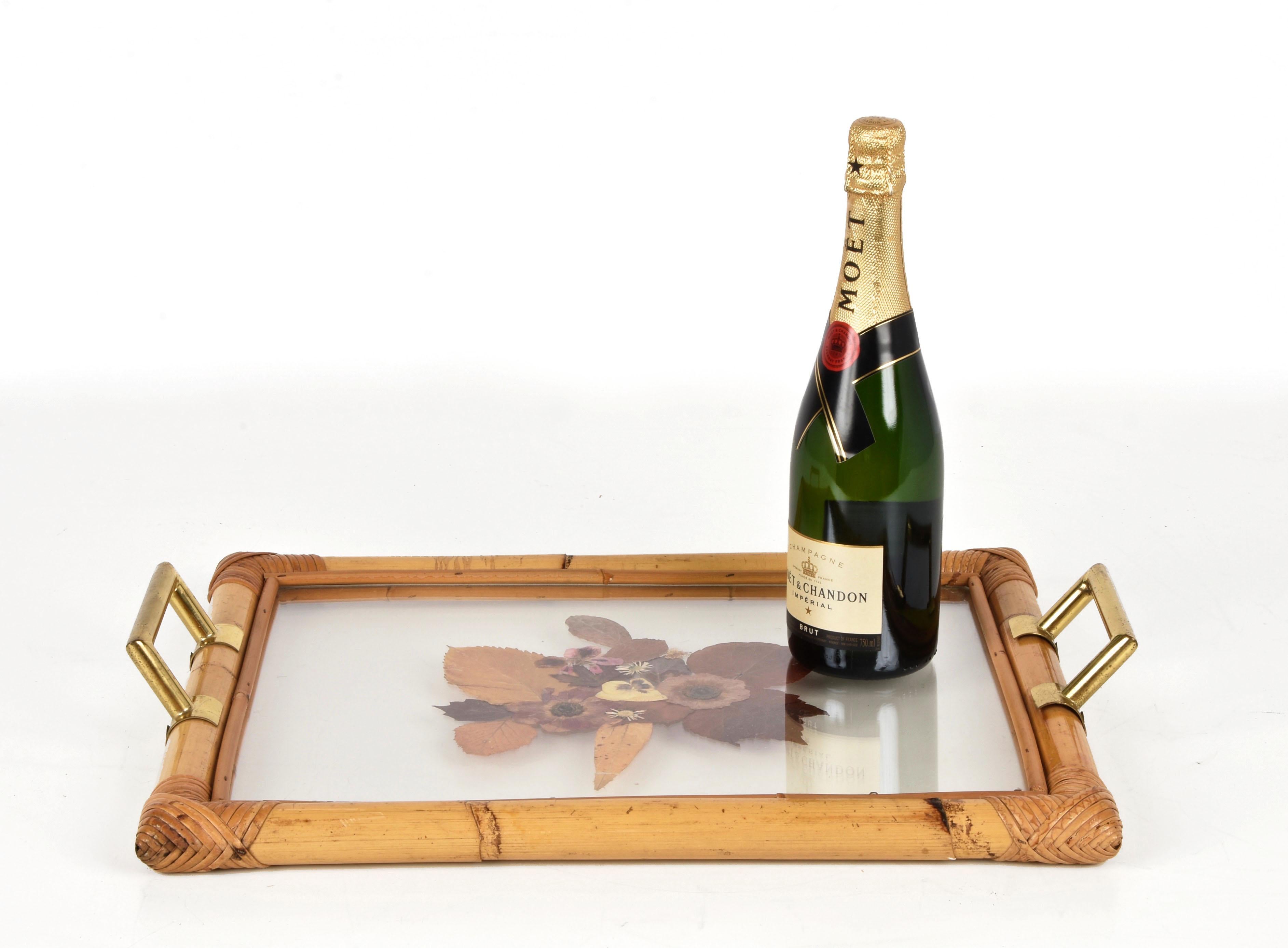 Bamboo Serving Tray with Brass Handles and Beautiful Dried Flowers and Lucite 4
