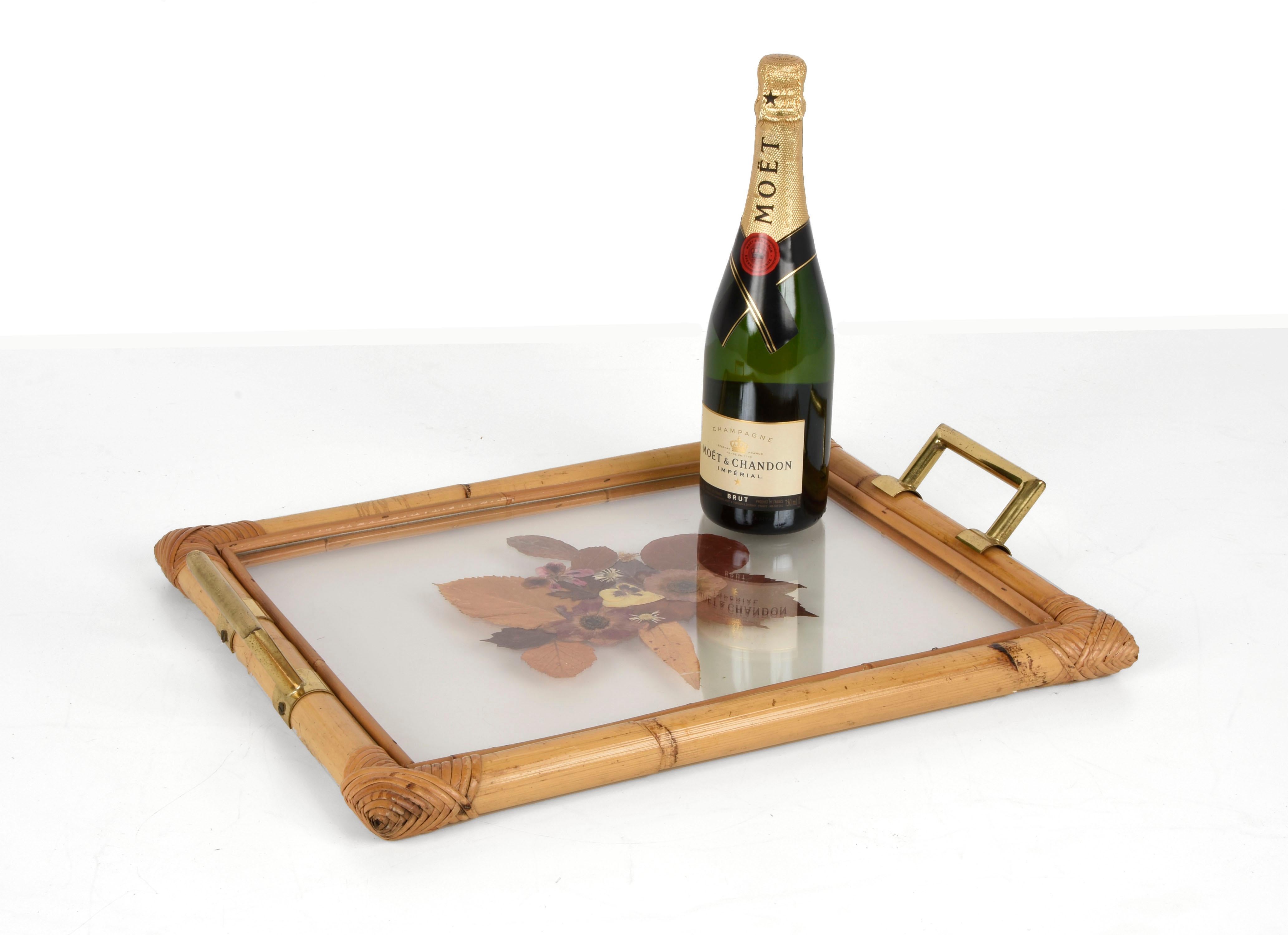 Bamboo Serving Tray with Brass Handles and Beautiful Dried Flowers and Lucite 6