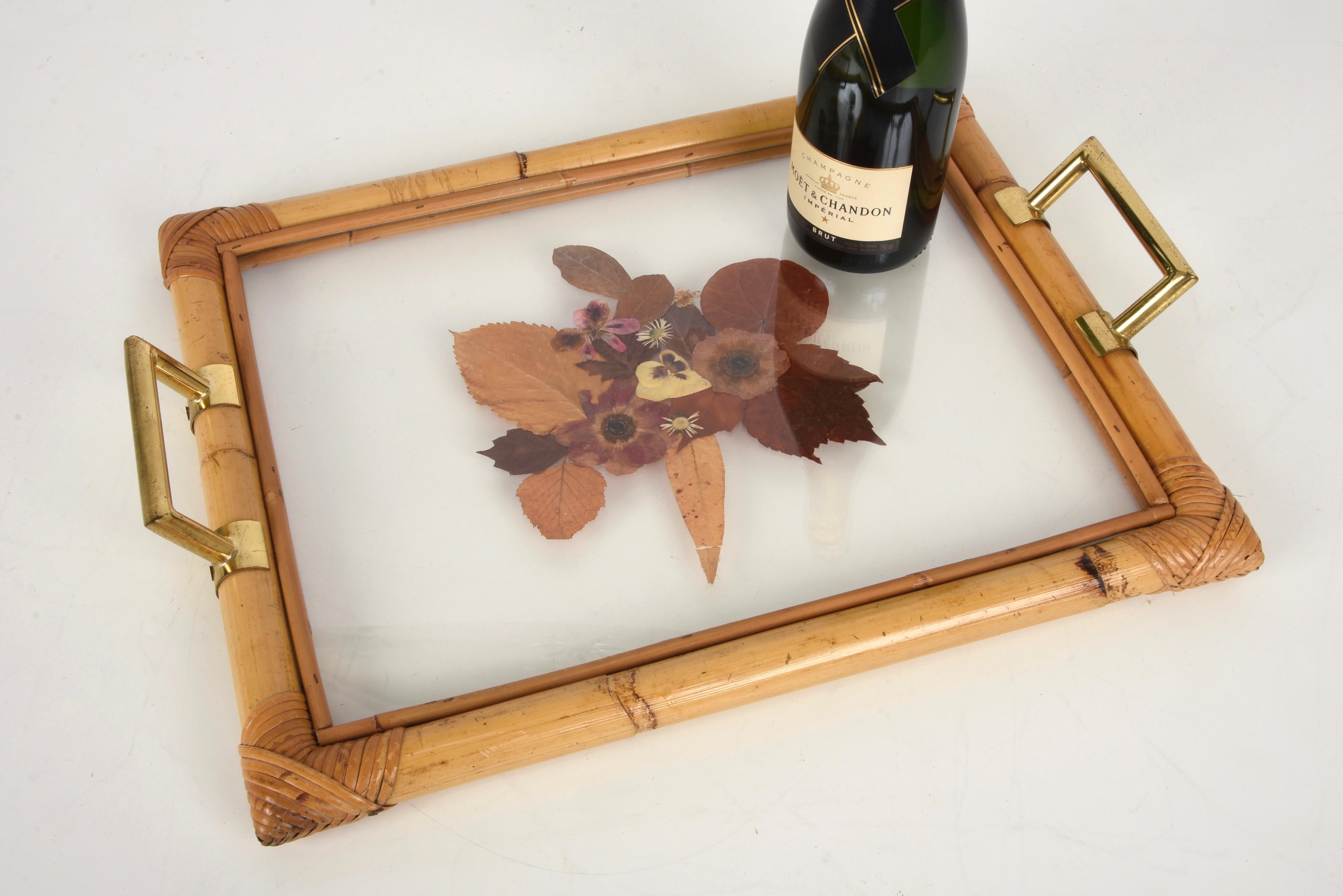 Bamboo Serving Tray with Brass Handles and Beautiful Dried Flowers and Lucite 8