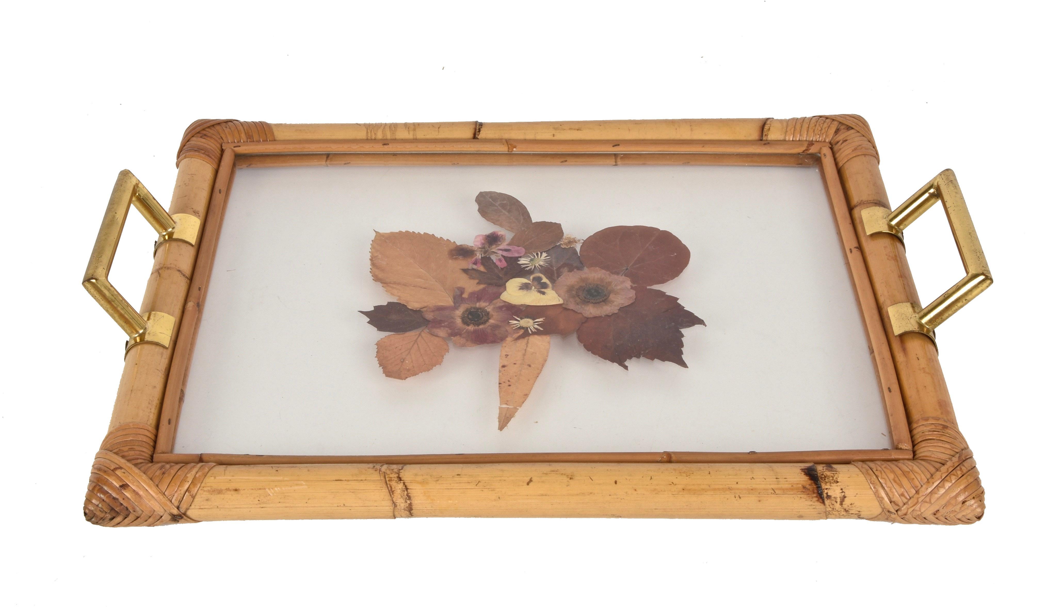 Mid-Century Modern Bamboo Serving Tray with Brass Handles and Beautiful Dried Flowers and Lucite