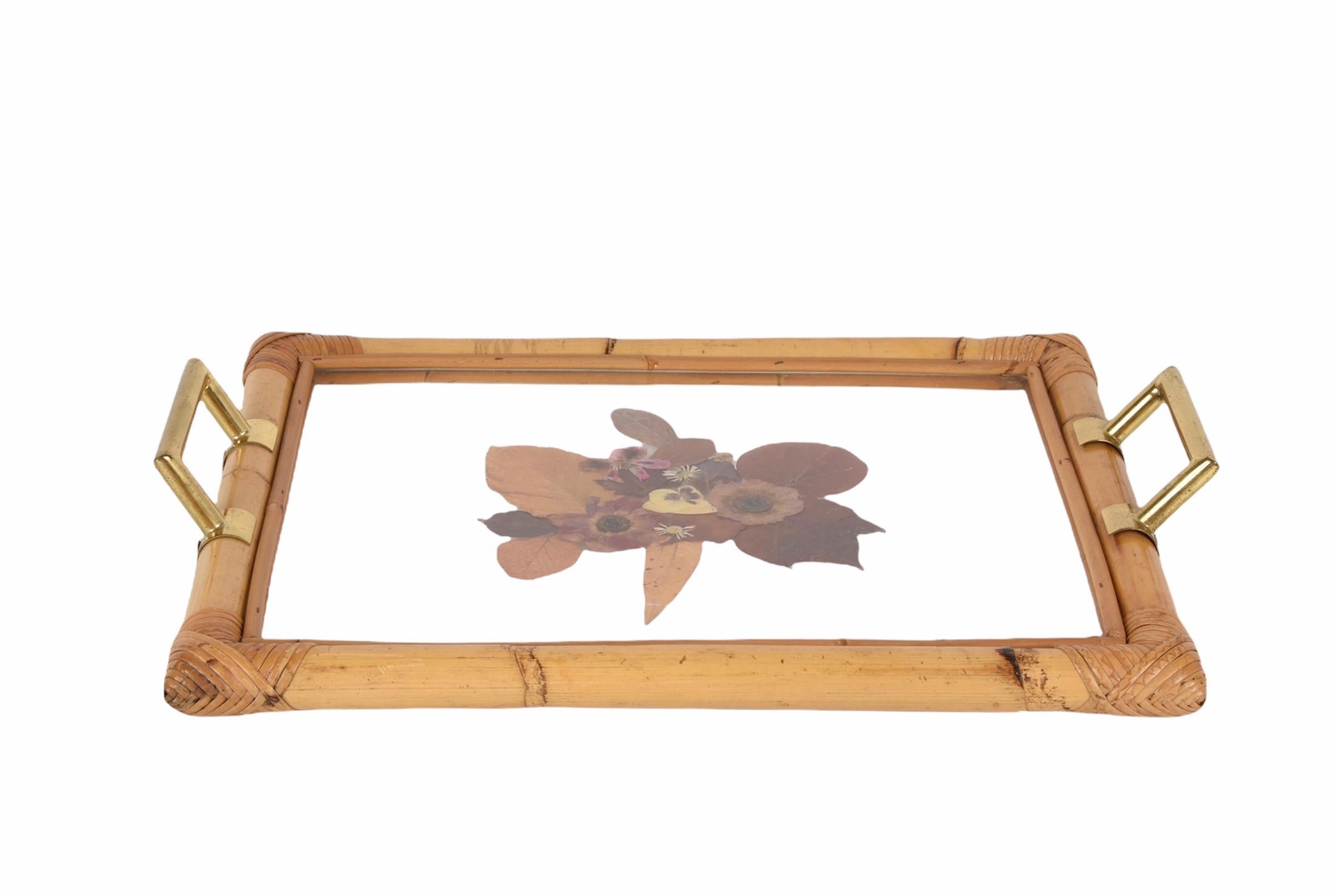 Italian Bamboo Serving Tray with Brass Handles and Beautiful Dried Flowers and Lucite