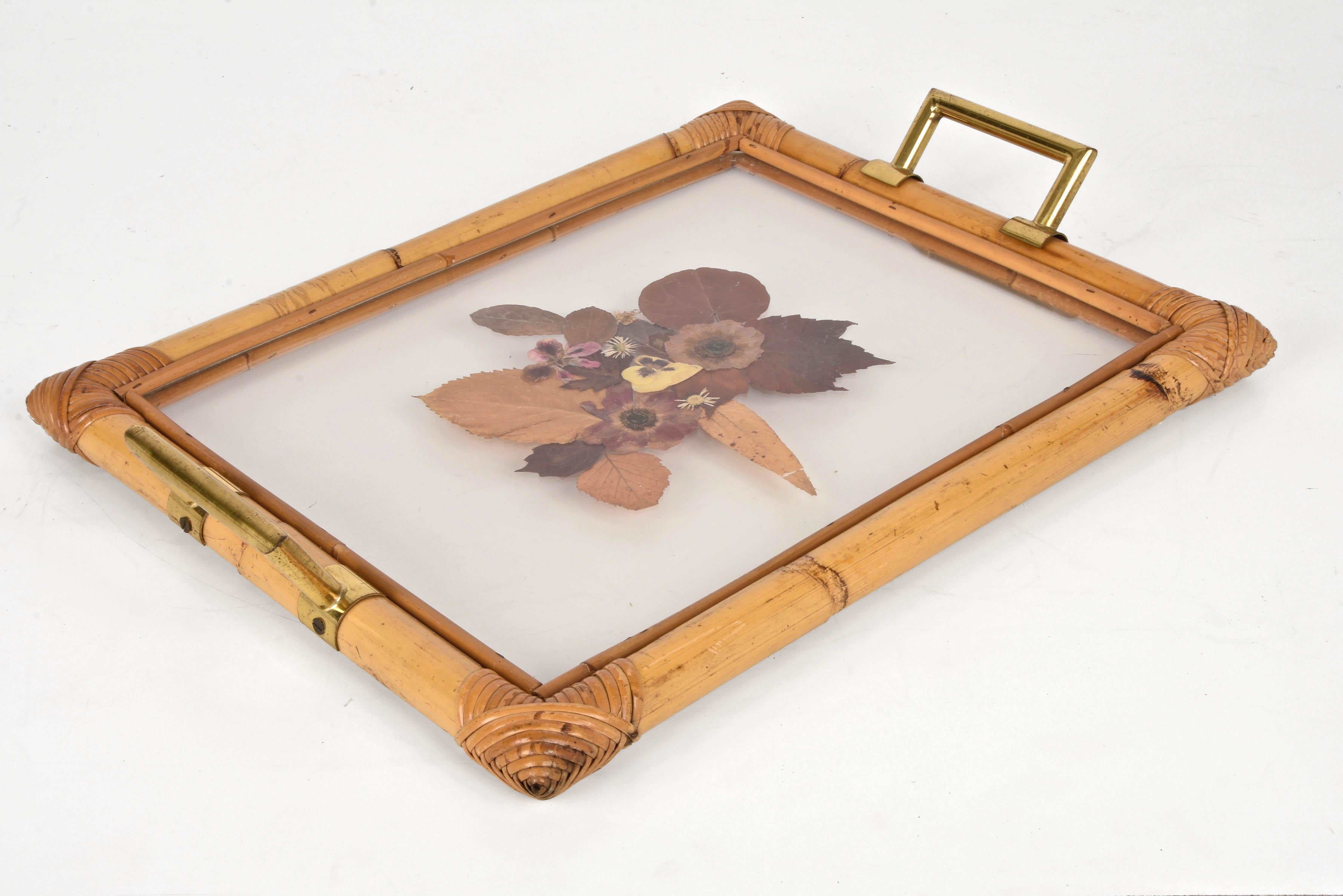 Hand-Painted Bamboo Serving Tray with Brass Handles and Beautiful Dried Flowers and Lucite
