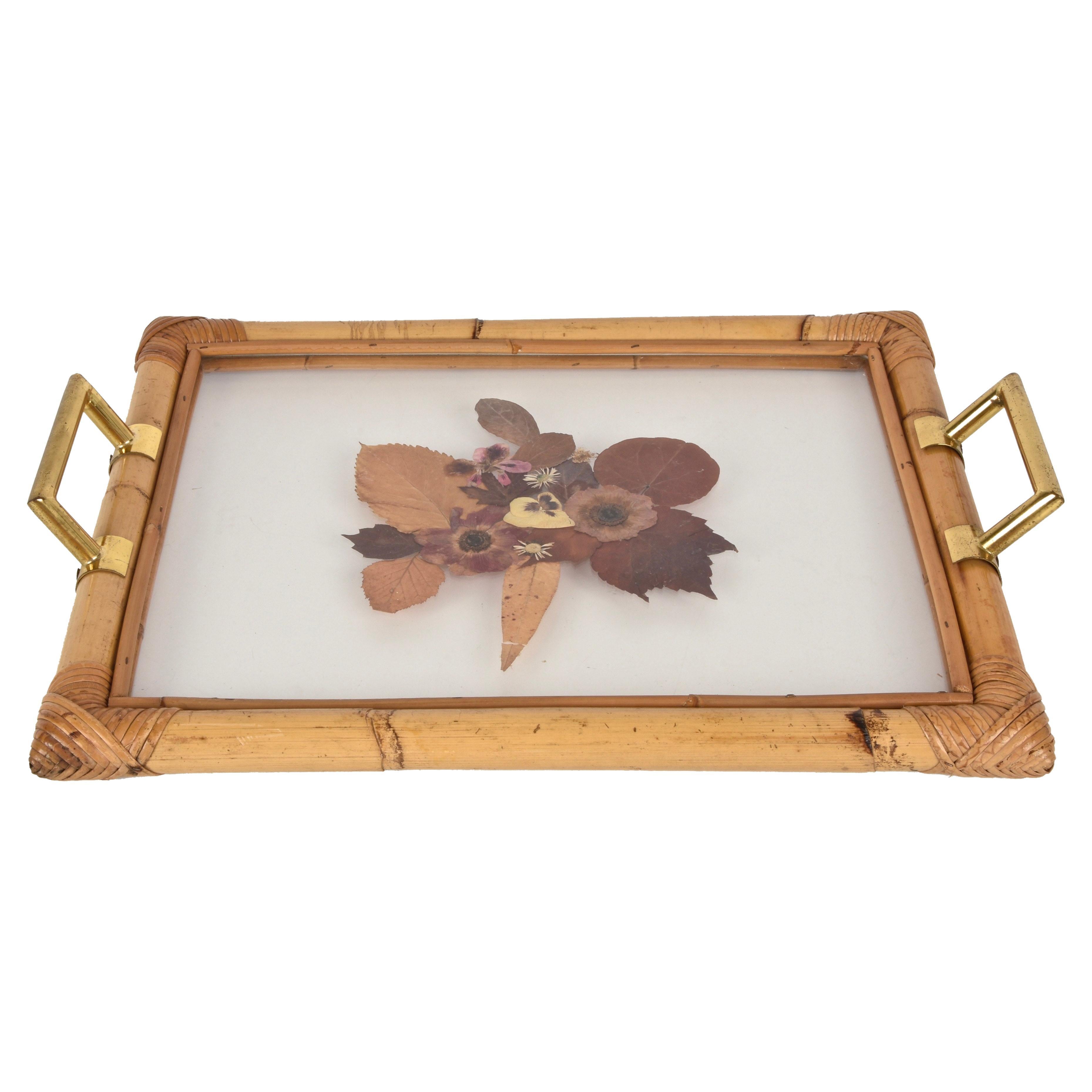 Bamboo Serving Tray with Brass Handles and Beautiful Dried Flowers and Lucite
