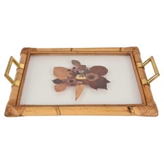 Retro Bamboo Serving Tray with Brass Handles and Beautiful Dried Flowers and Lucite