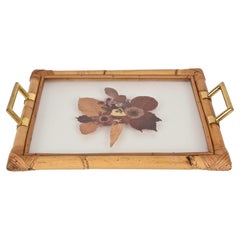 Bamboo Serving Tray with Brass Handles and Beautiful Dried Flowers and Lucite