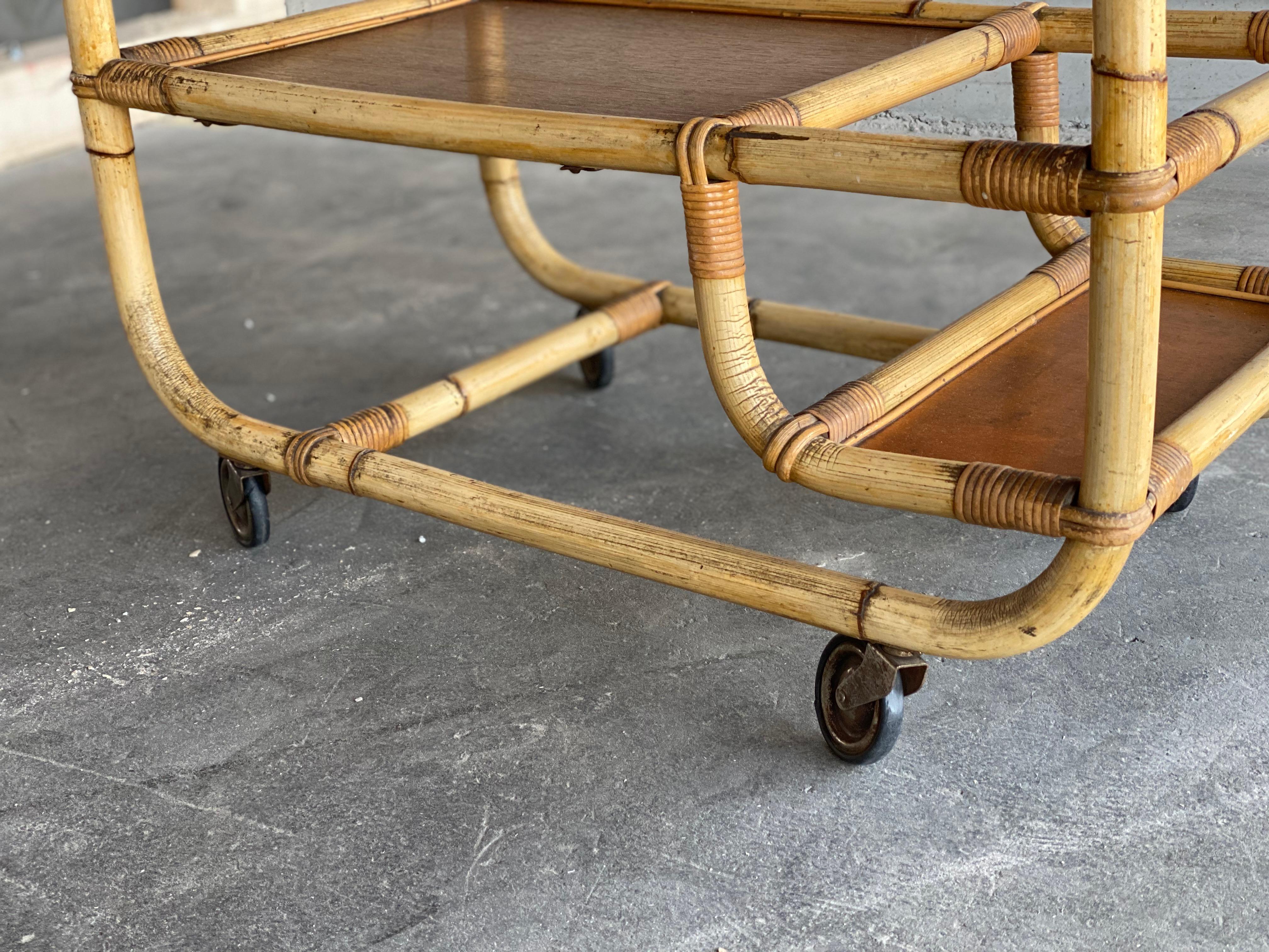 Bamboo Serving Trolley, 1940s, Art Deco, Midcentury Bar For Sale 3