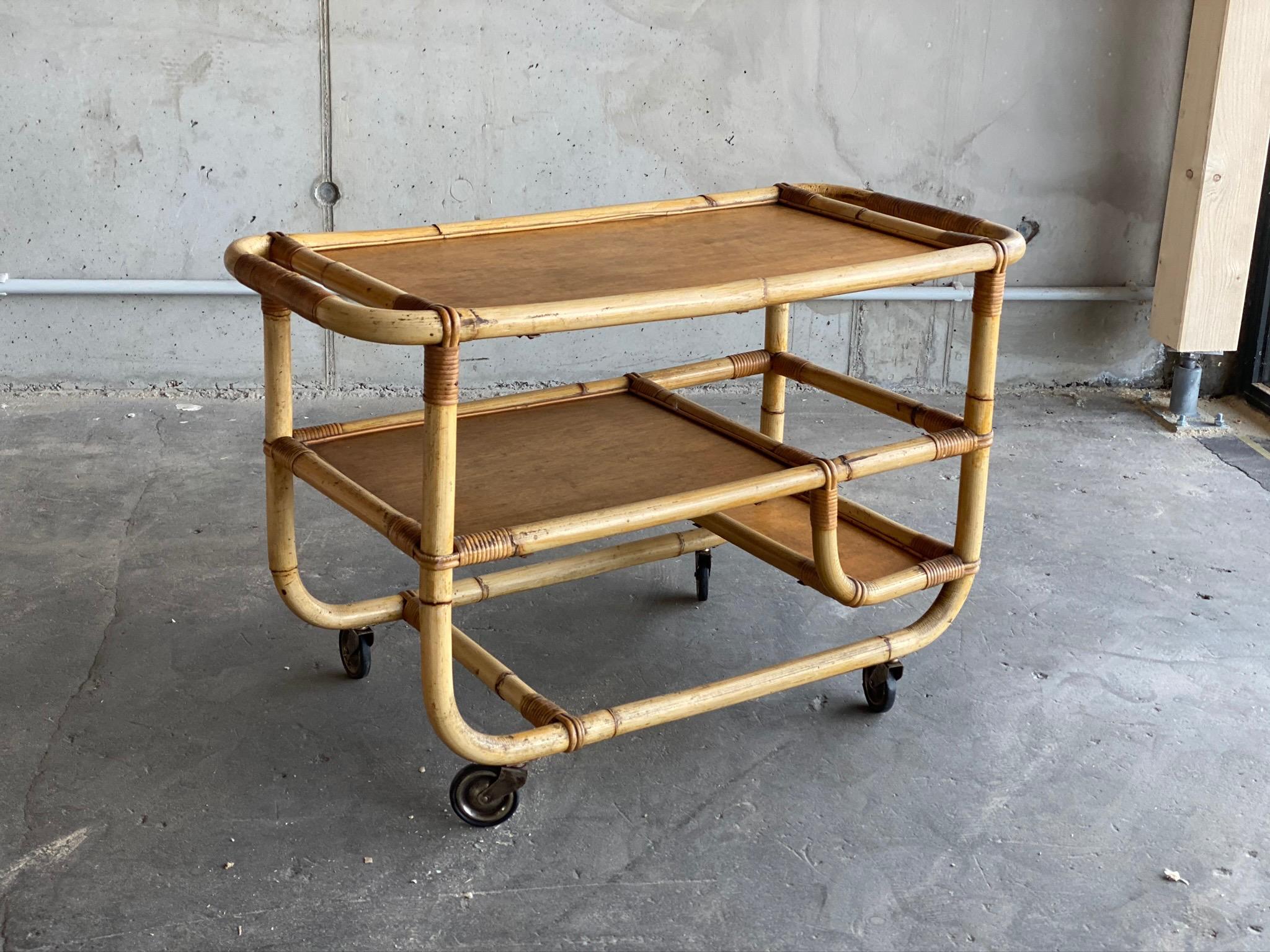 Mid-Century Modern Bamboo Serving Trolley, 1940s, Art Deco, Midcentury Bar For Sale