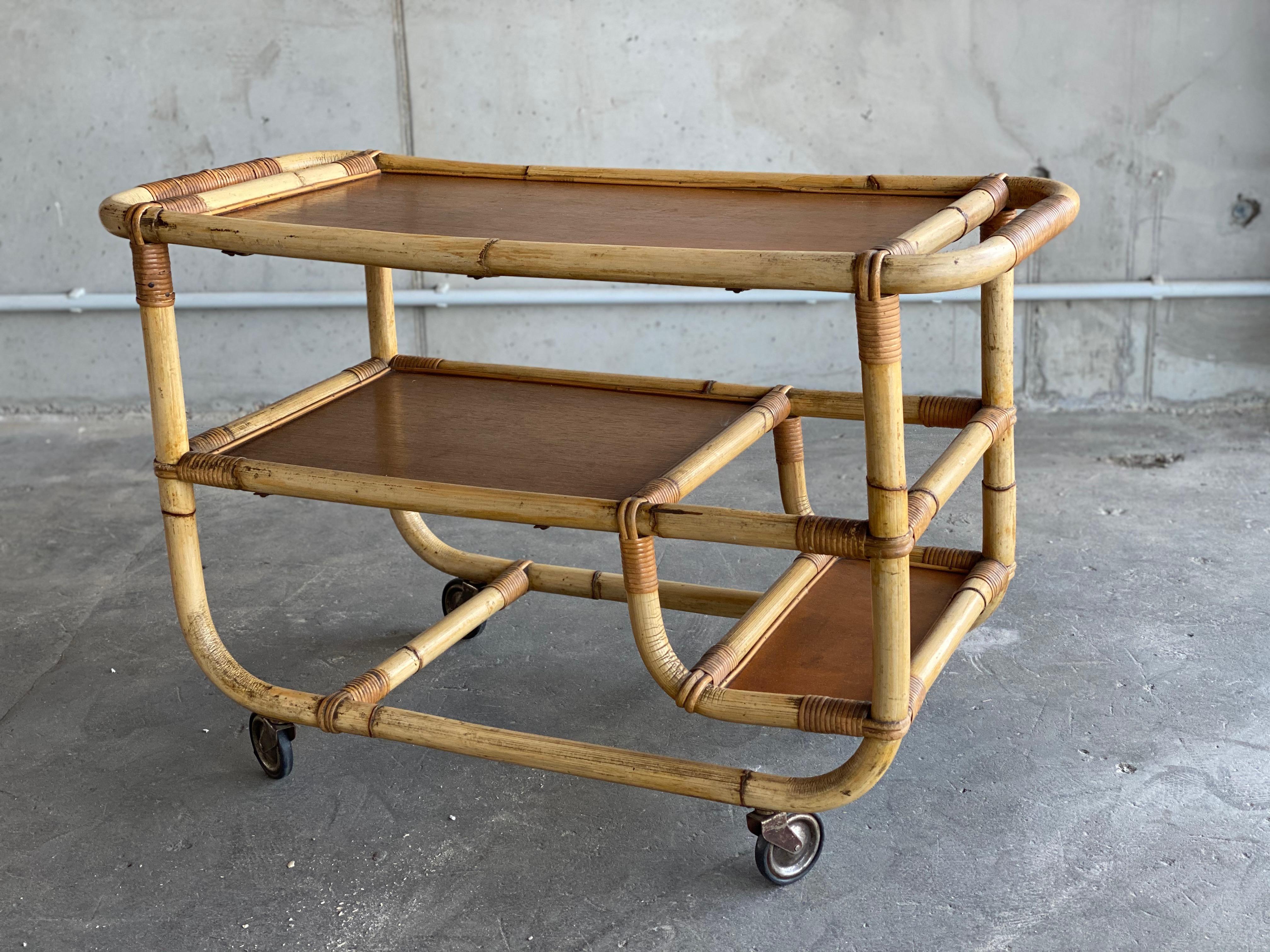 French Bamboo Serving Trolley, 1940s, Art Deco, Midcentury Bar For Sale