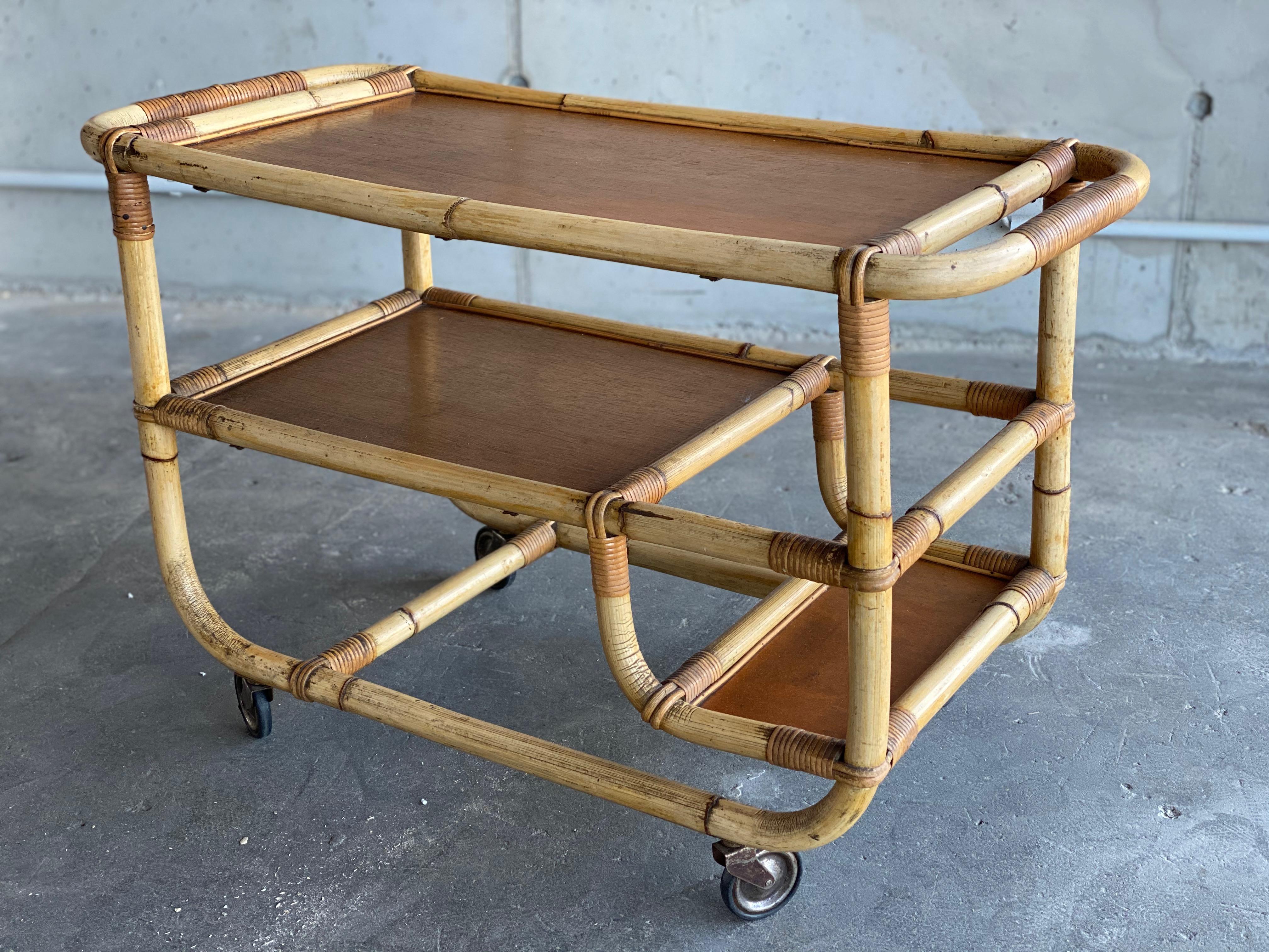 Bamboo Serving Trolley, 1940s, Art Deco, Midcentury Bar In Good Condition For Sale In Hamburg, DE