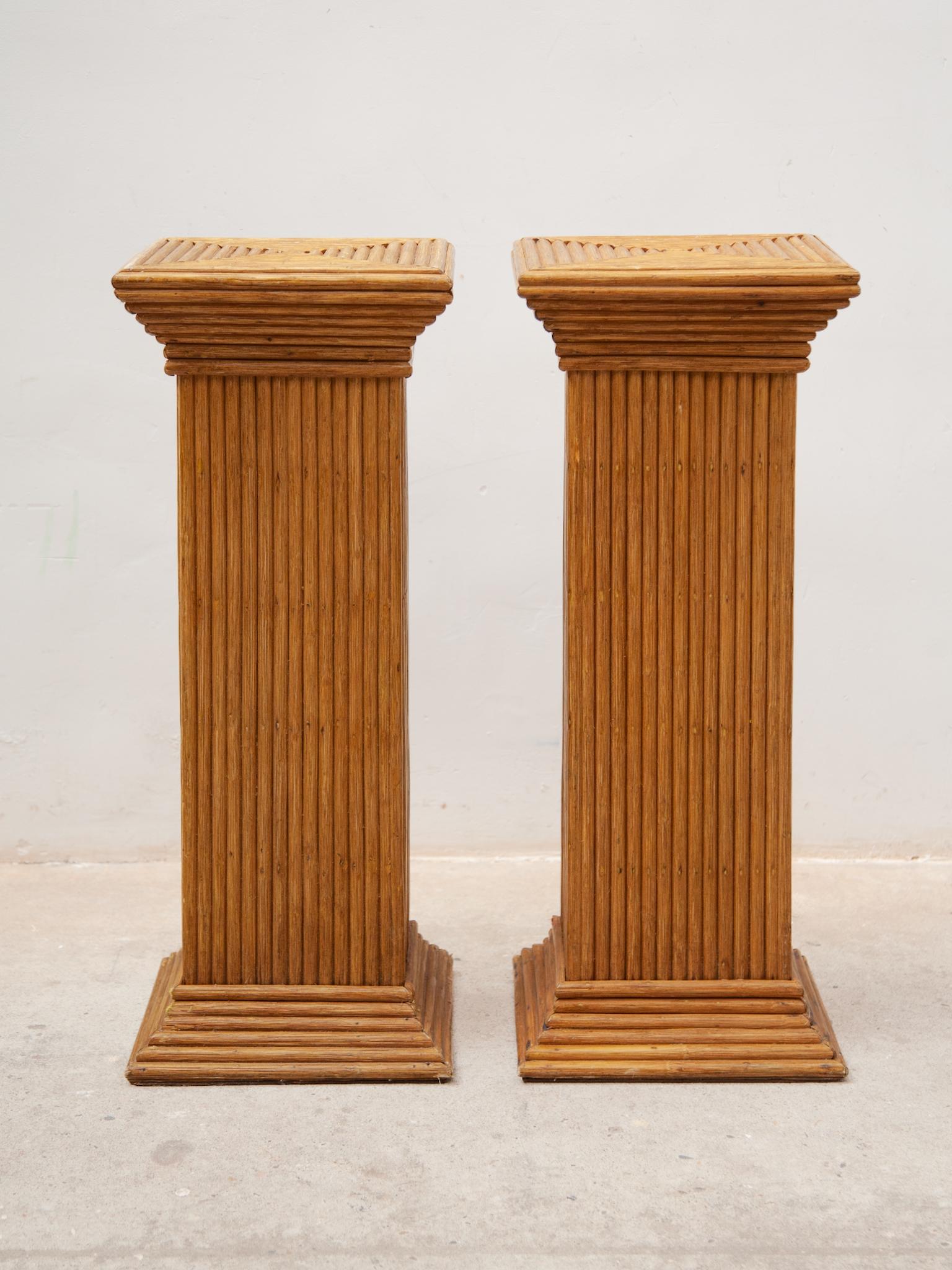 Vintage set of two of bamboo 1970s pedestal stands.

A beautiful set of two bamboo boho style plant stands, pedestals. In very good original condition. You can use this practical size pair for displaying sculptures, vases, bowls and much more, but