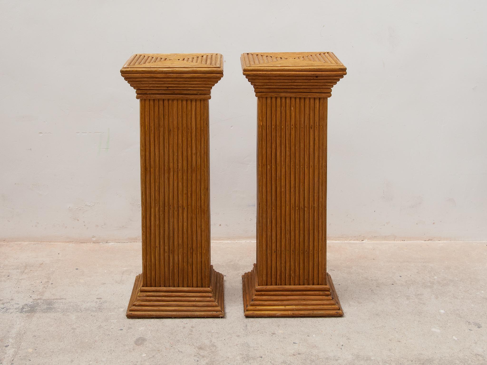Mid-Century Modern Bamboo set of 2 Midcentury Modern Rattan Pedestals, Plant Stands, Italy, 1970s