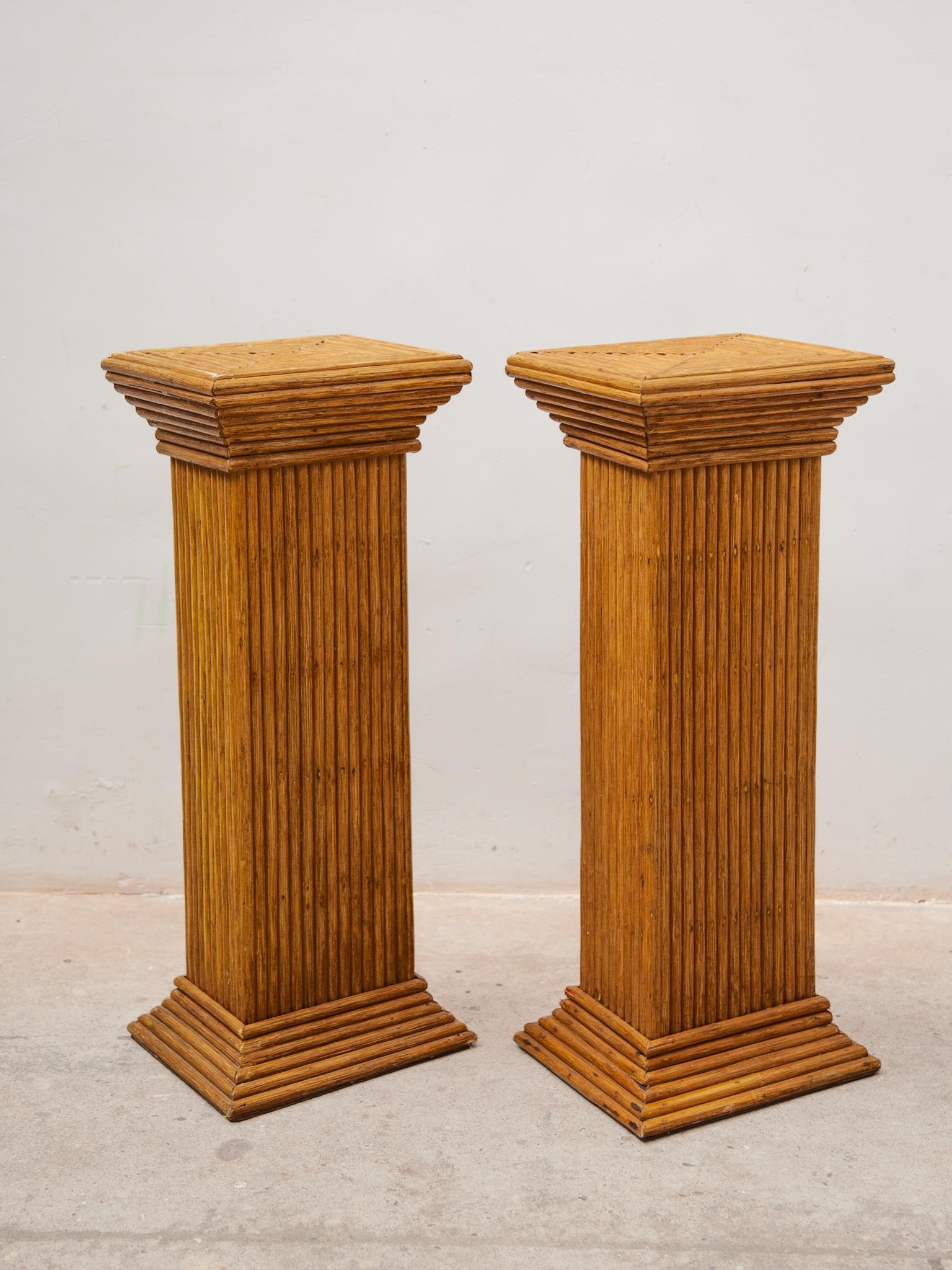 Italian Bamboo set of 2 Midcentury Modern Rattan Pedestals, Plant Stands, Italy, 1970s