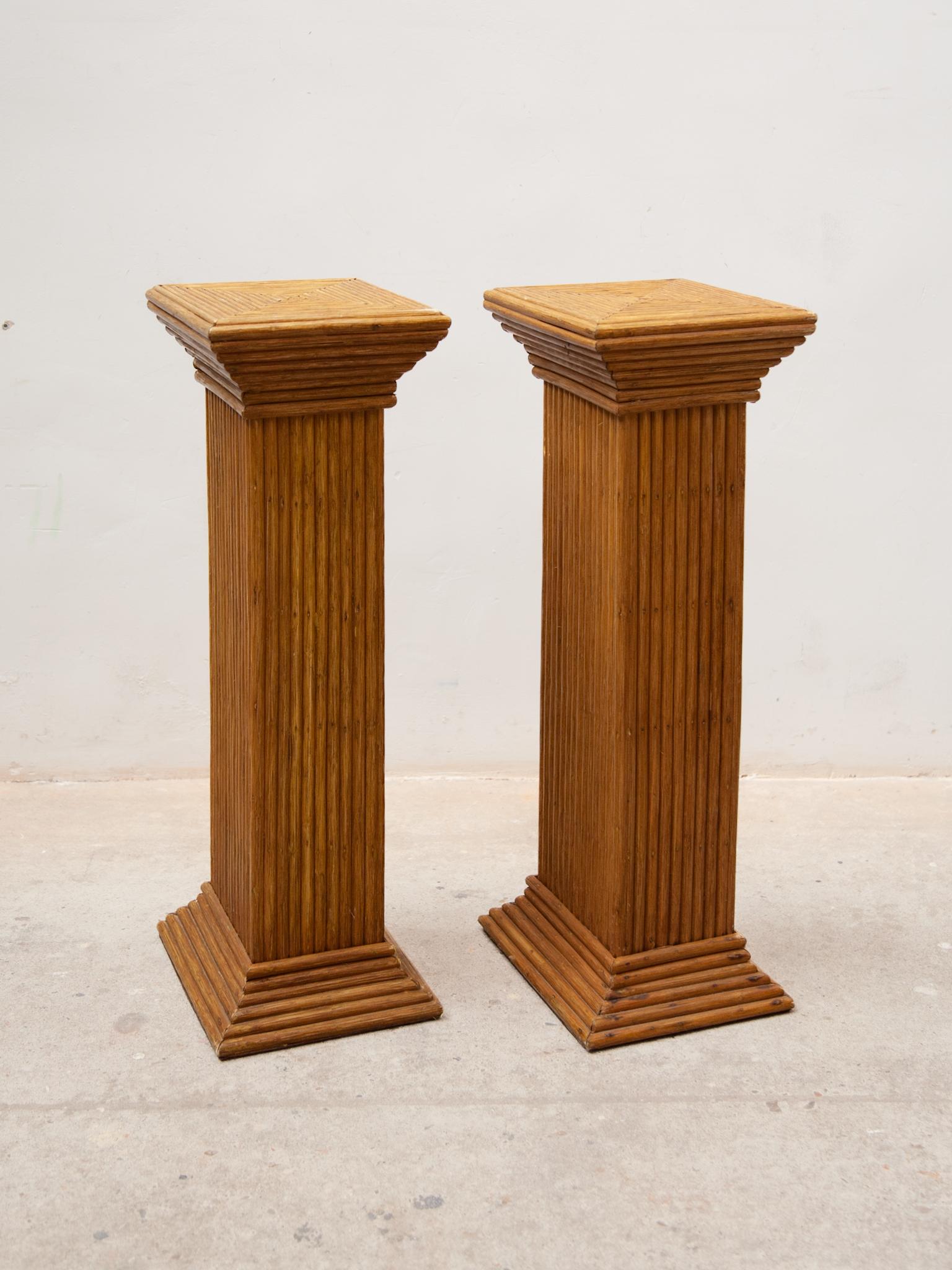 Late 20th Century Bamboo set of 2 Midcentury Modern Rattan Pedestals, Plant Stands, Italy, 1970s