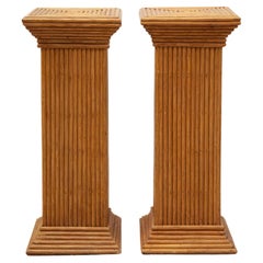 Bamboo set of 2 Midcentury Modern Rattan Pedestals, Plant Stands, Italy, 1970s
