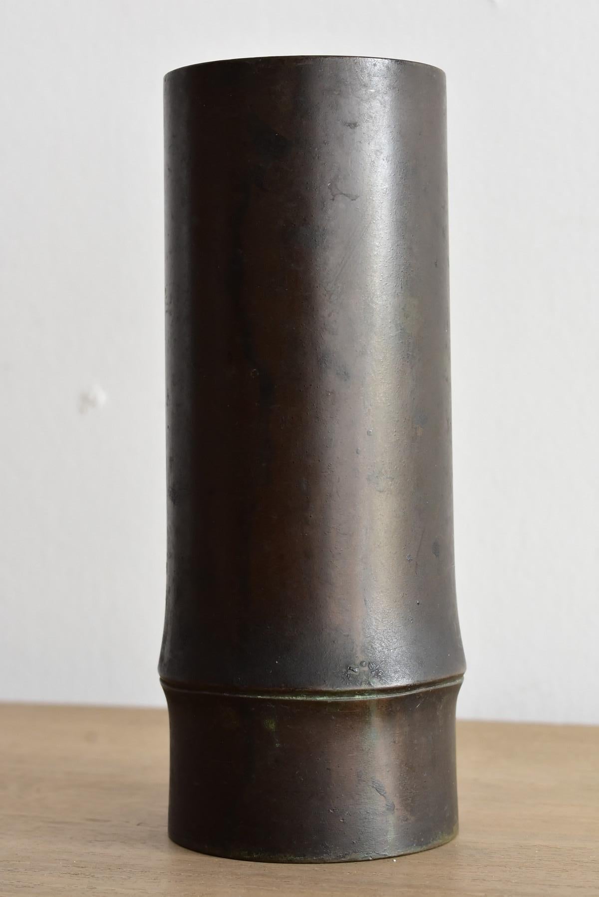 Bamboo-Shaped Brass Vase / Old Japanese Casting Vase / Meiji-Showa Period 1