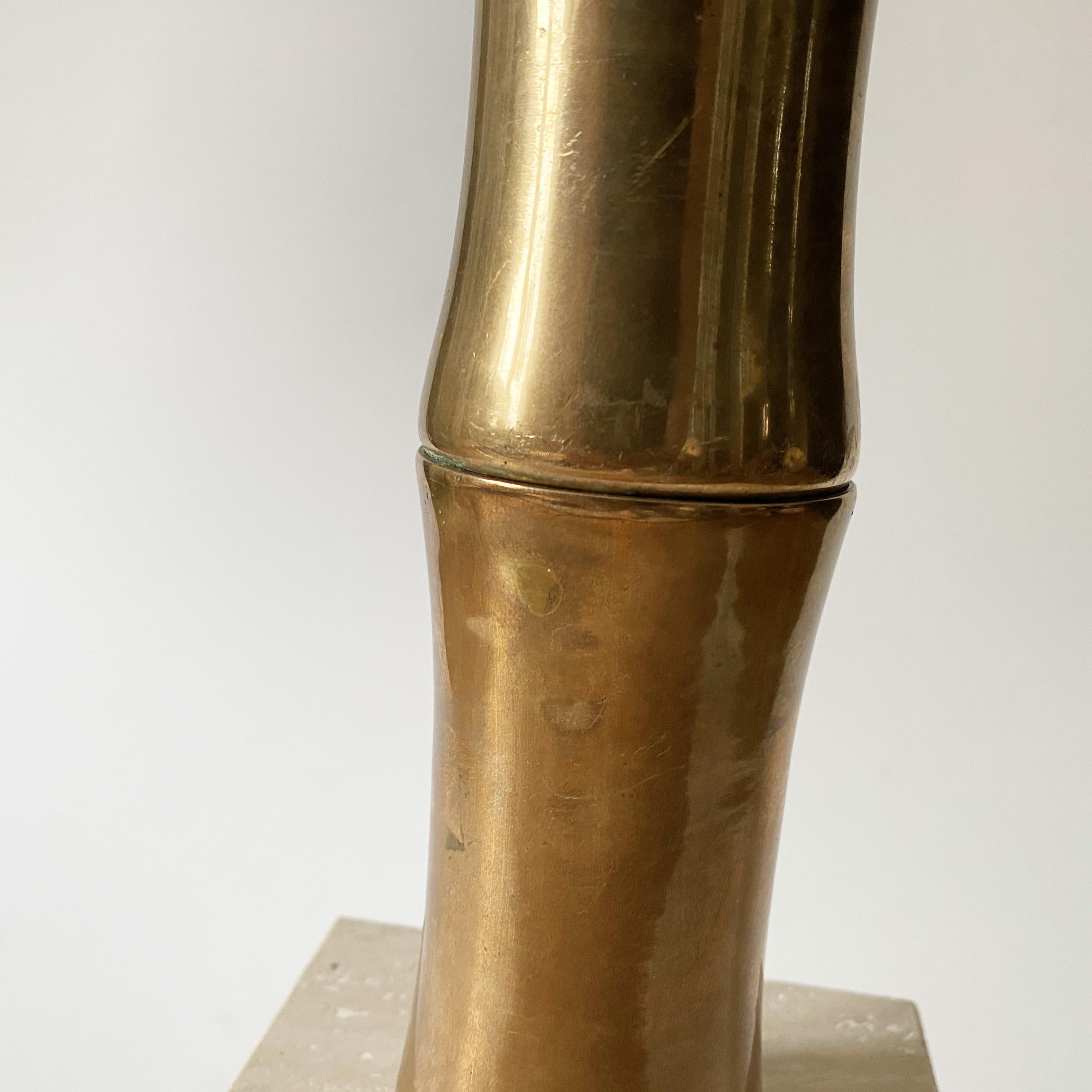 Bamboo Shaped Lamp in Brass and Travertine, in the style of Jansen, 1970s. In Good Condition For Sale In Lille, FR