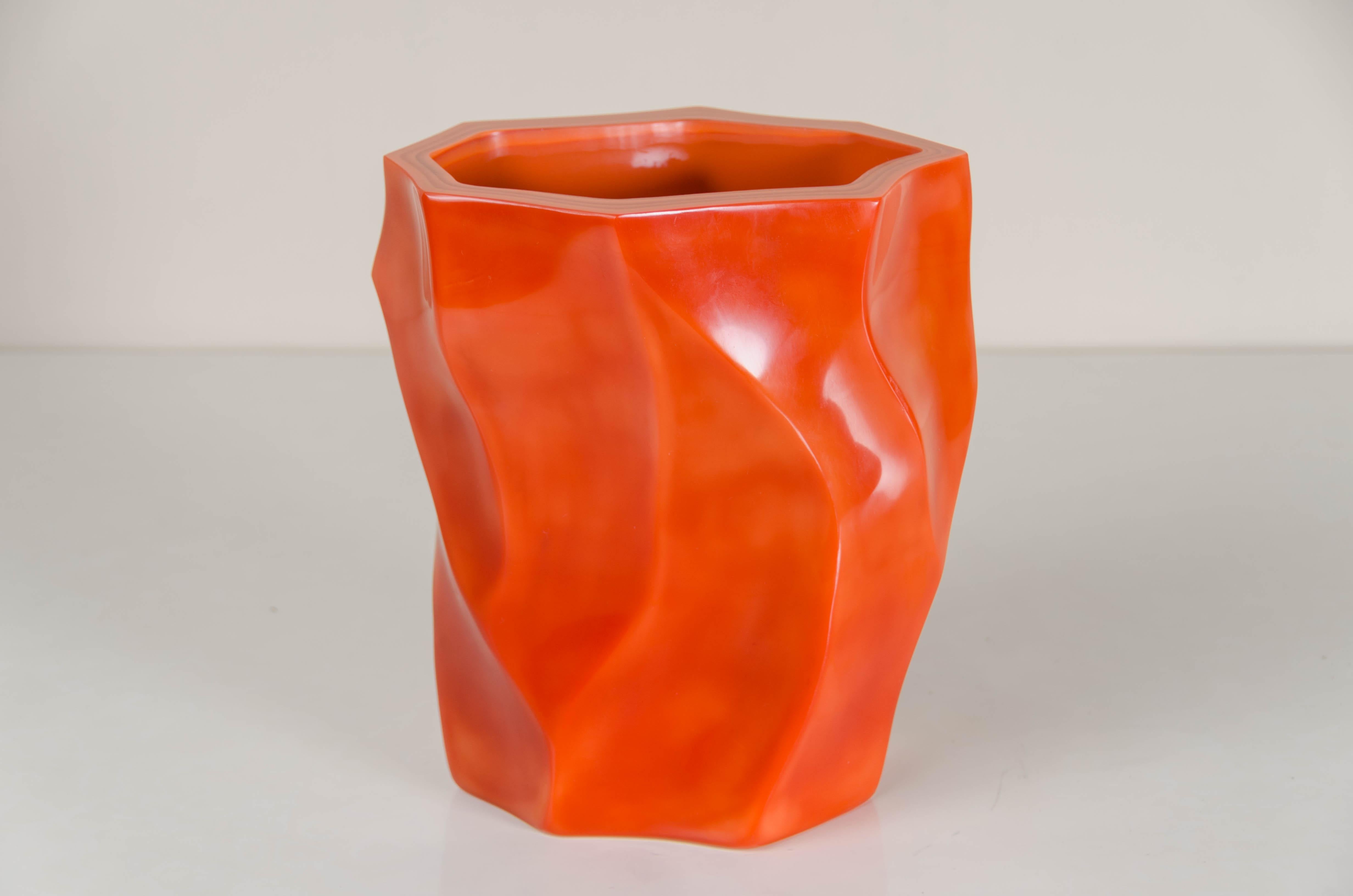 Bamboo Shaven Vase, Persimmon Peking Glass by Robert Kuo, Hand Blown Glass In New Condition In Los Angeles, CA