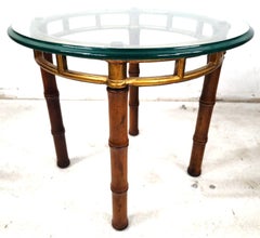 Bamboo Side Table Vintage Gilt Metal Wood Glass