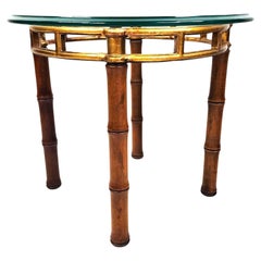 Bamboo Side Table Vintage Gilt Metal Wood Glass