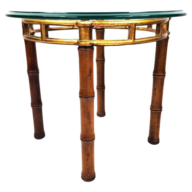 Bamboo Side Table Vintage Gilt Metal Wood Glass For Sale at 1stDibs