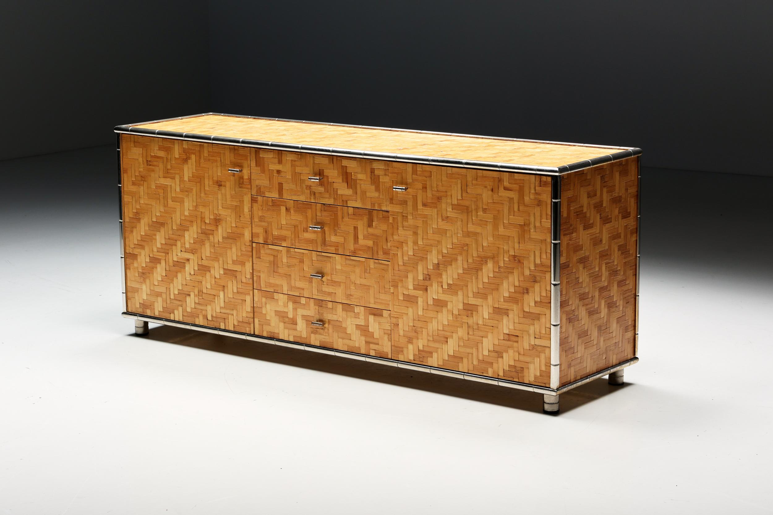 Sideboard; Credenza; Mid-Century Modern; Bamboo; 1970s; Tropical; Hollywood Regency; Vivai Del Sud;

Tropical sideboard from the 1970s for Vivai Del Sud. This credenza features two doors with knobs and four drawers, providing ample storage space