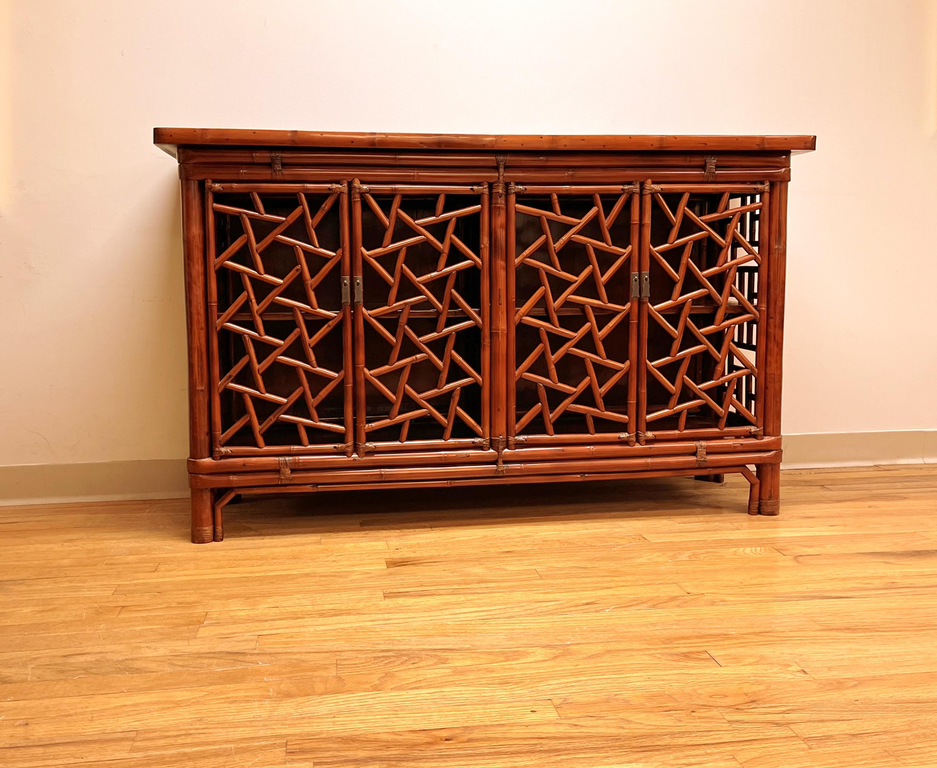 Polished Bamboo Sideboard with Fret Work Motif For Sale
