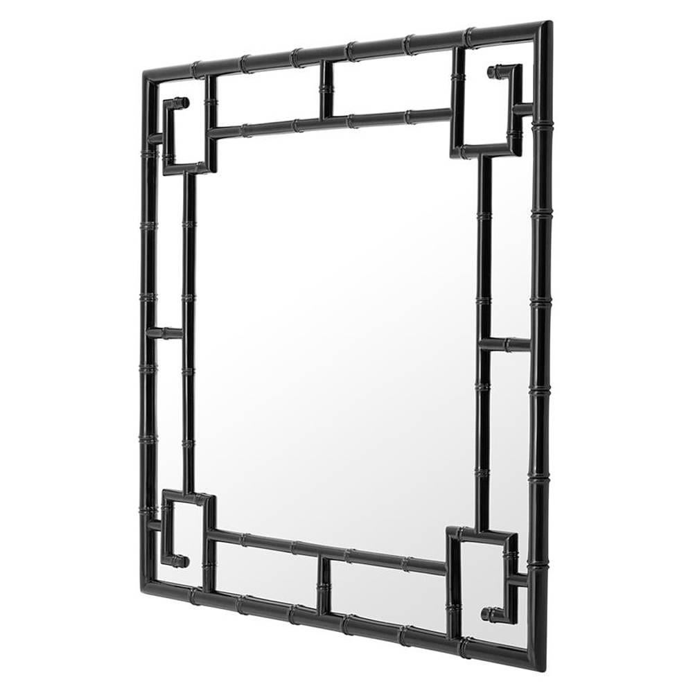 Indonesian Bamboo Square Mirror in Black Lacquered Mahogany Wood