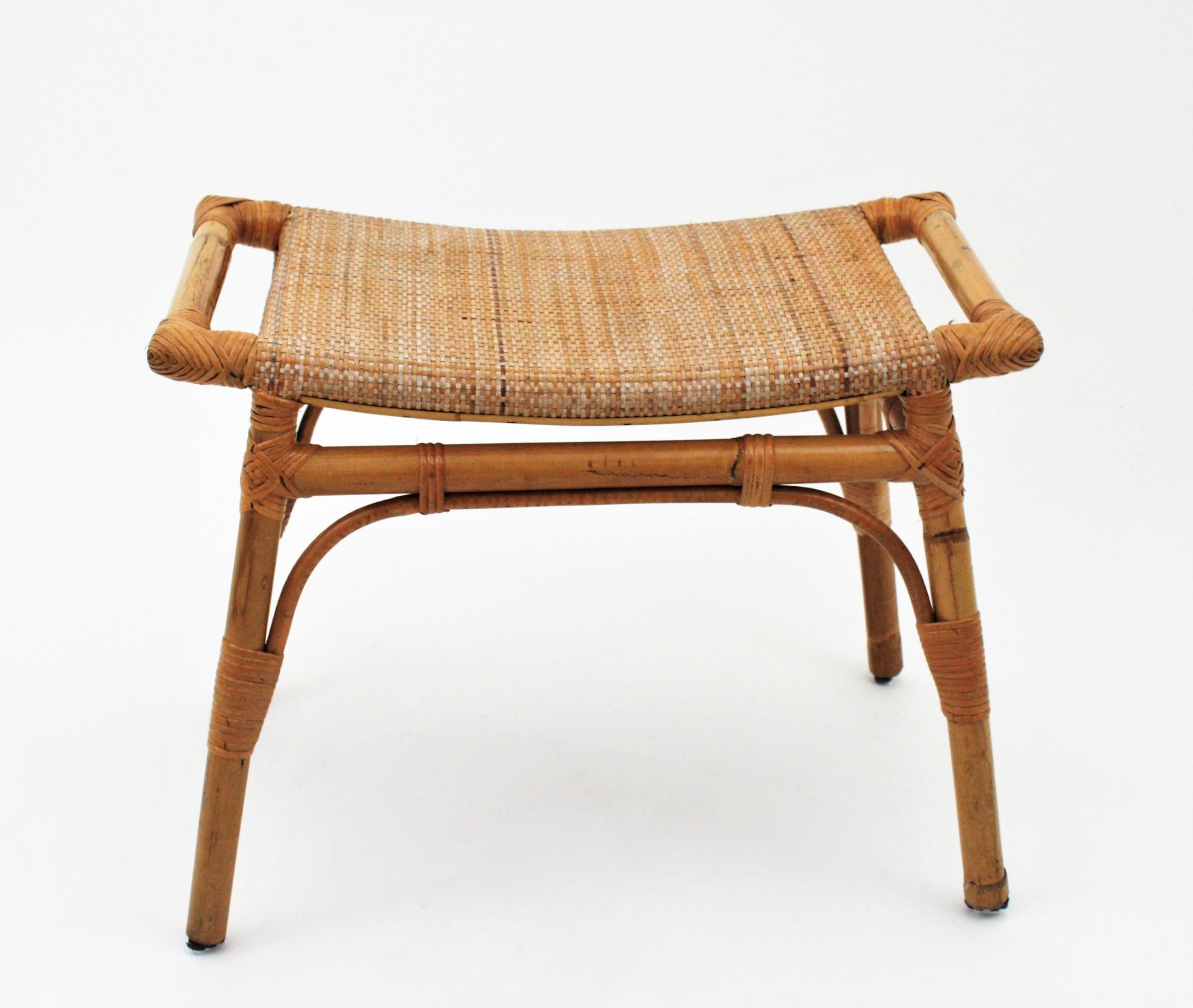 Mid-Century Modern Bamboo Stool, Ottoman or Bench with Cane Seat