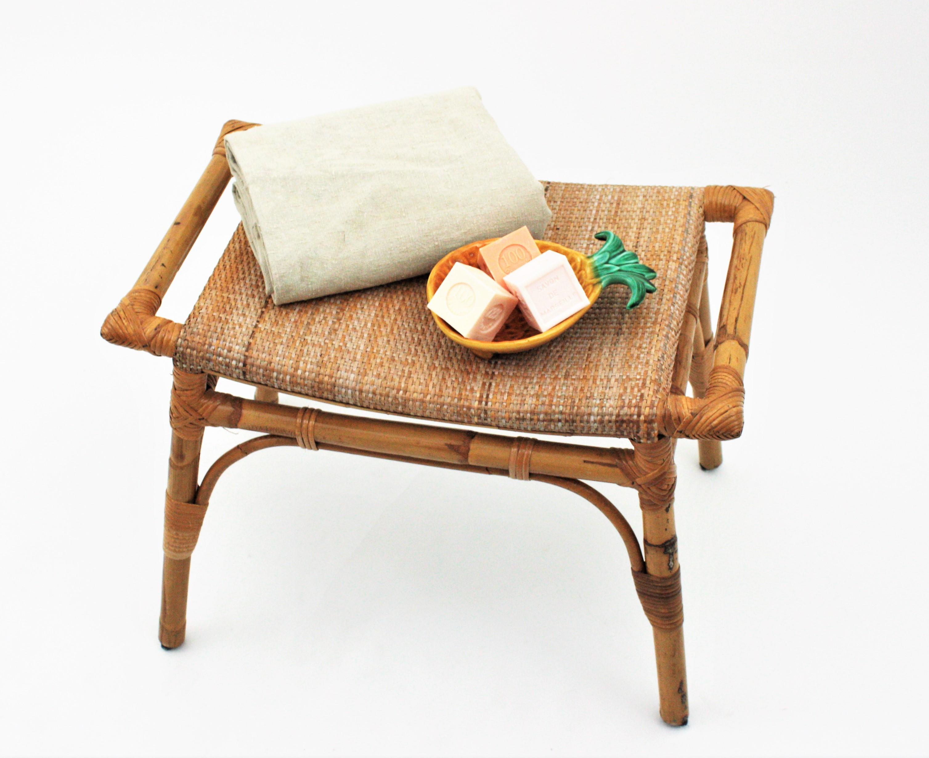 Spanish Bamboo Stool, Ottoman or Bench with Cane Seat