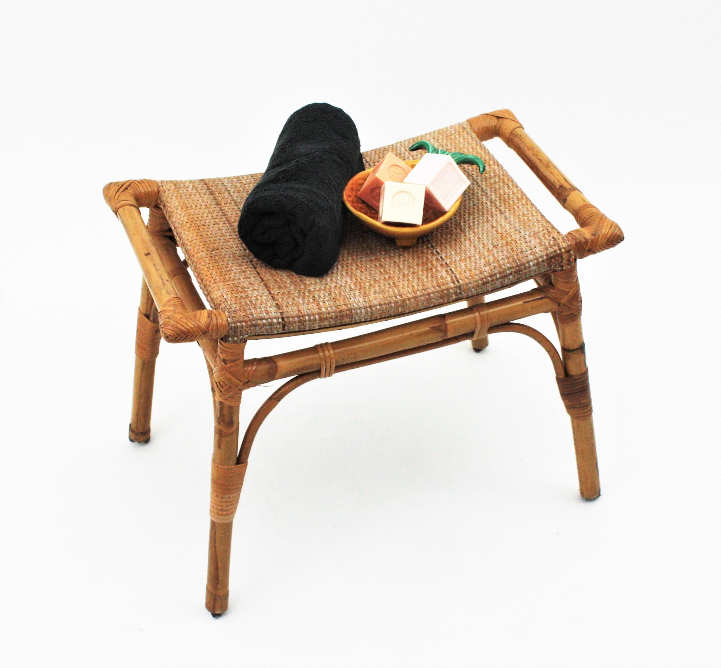20th Century Bamboo Stool, Ottoman or Bench with Cane Seat