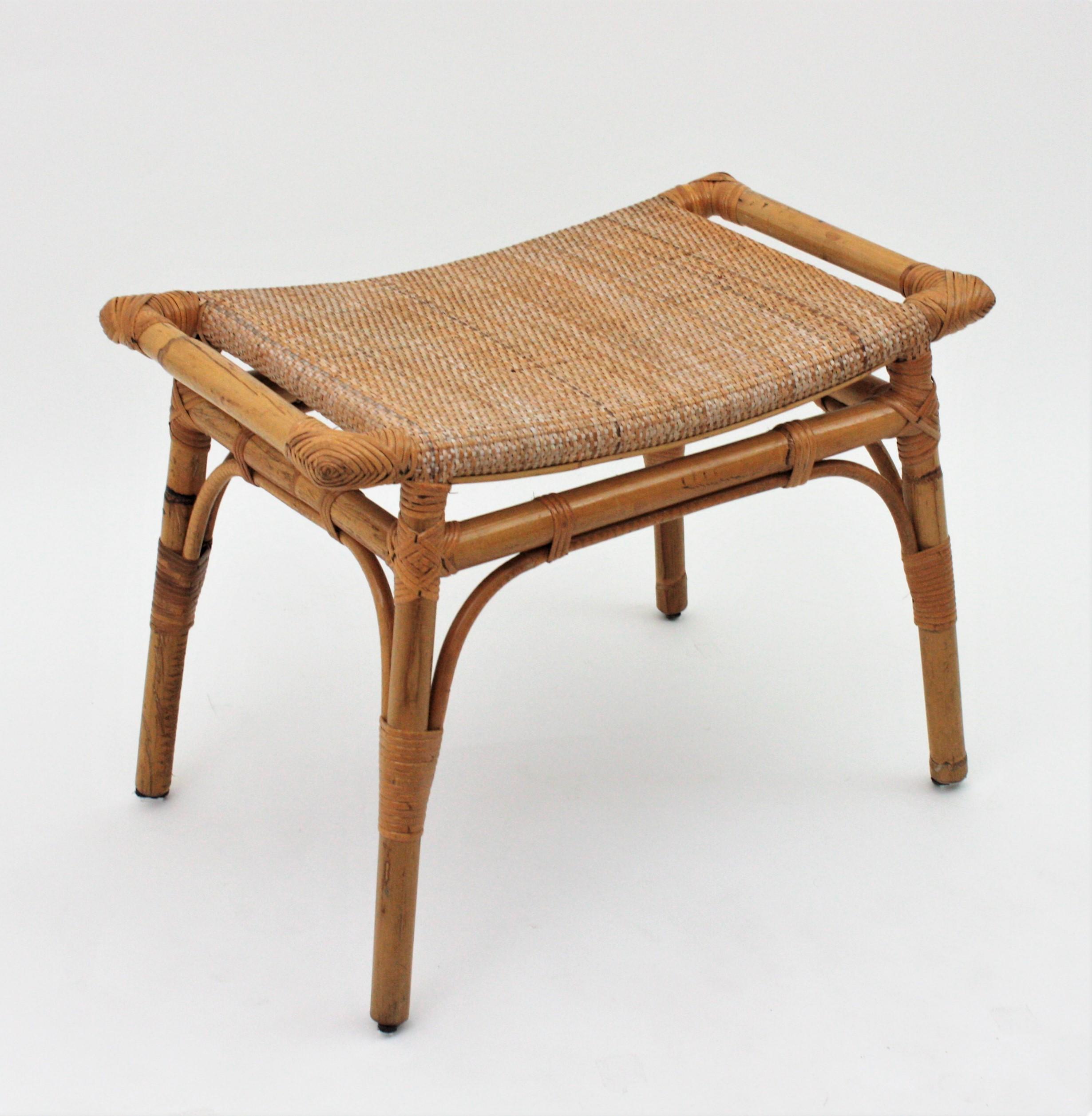 Rattan Bamboo Stool, Ottoman or Bench with Cane Seat