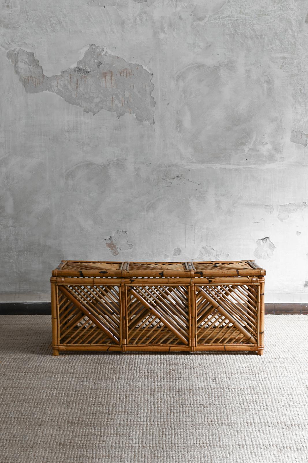 Italian Bamboo storage bench with geometric cane patterns, 1980s